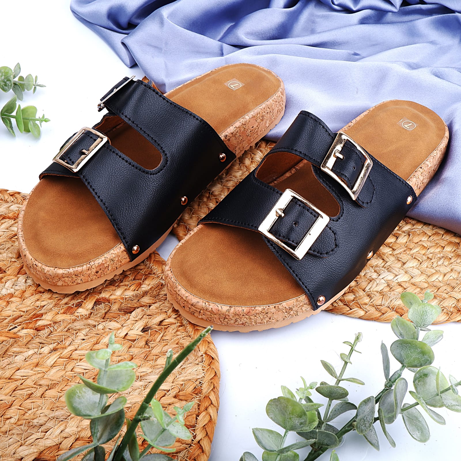 Black Buckle Cork Sandals