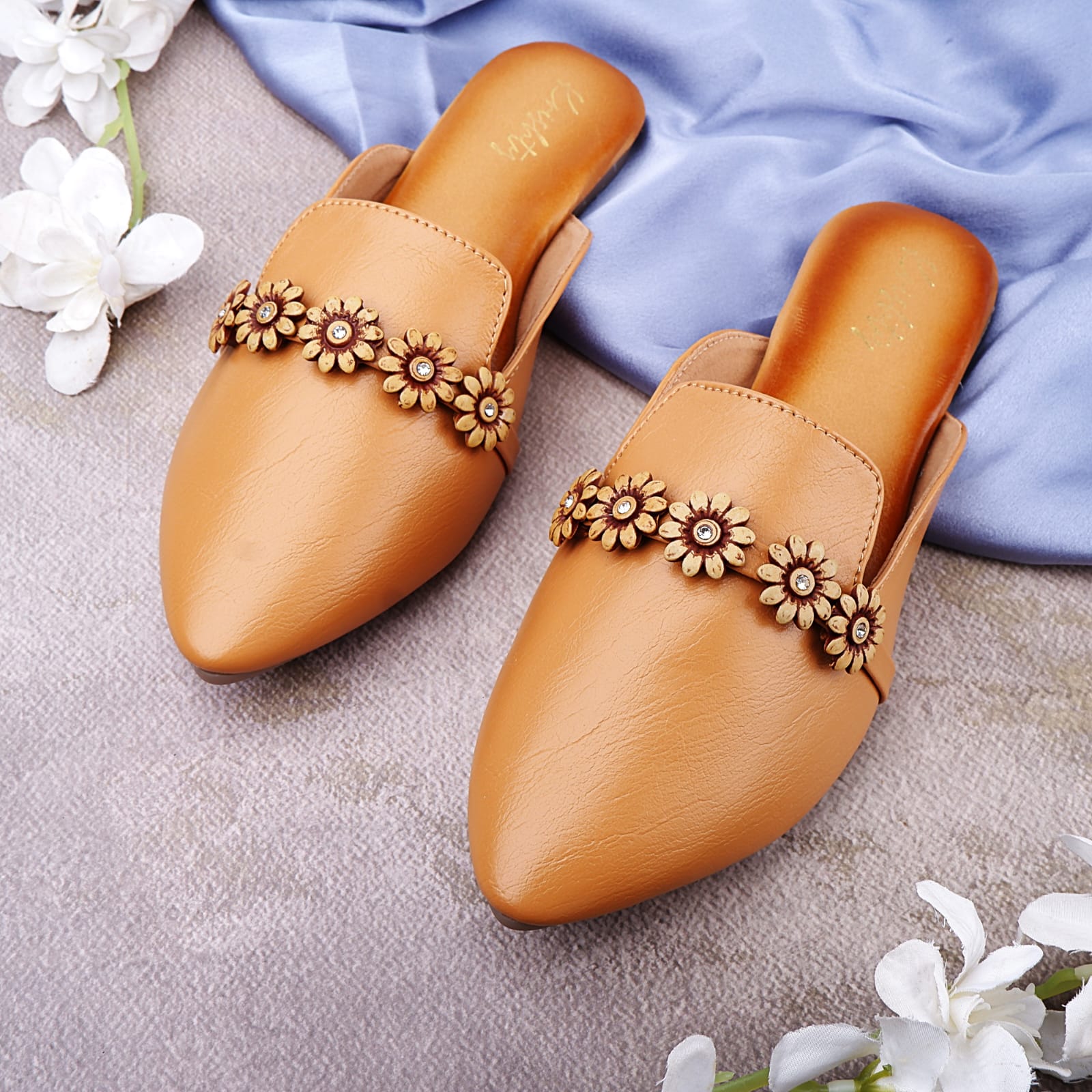 Brown Floral Embellished Slip-On Mule