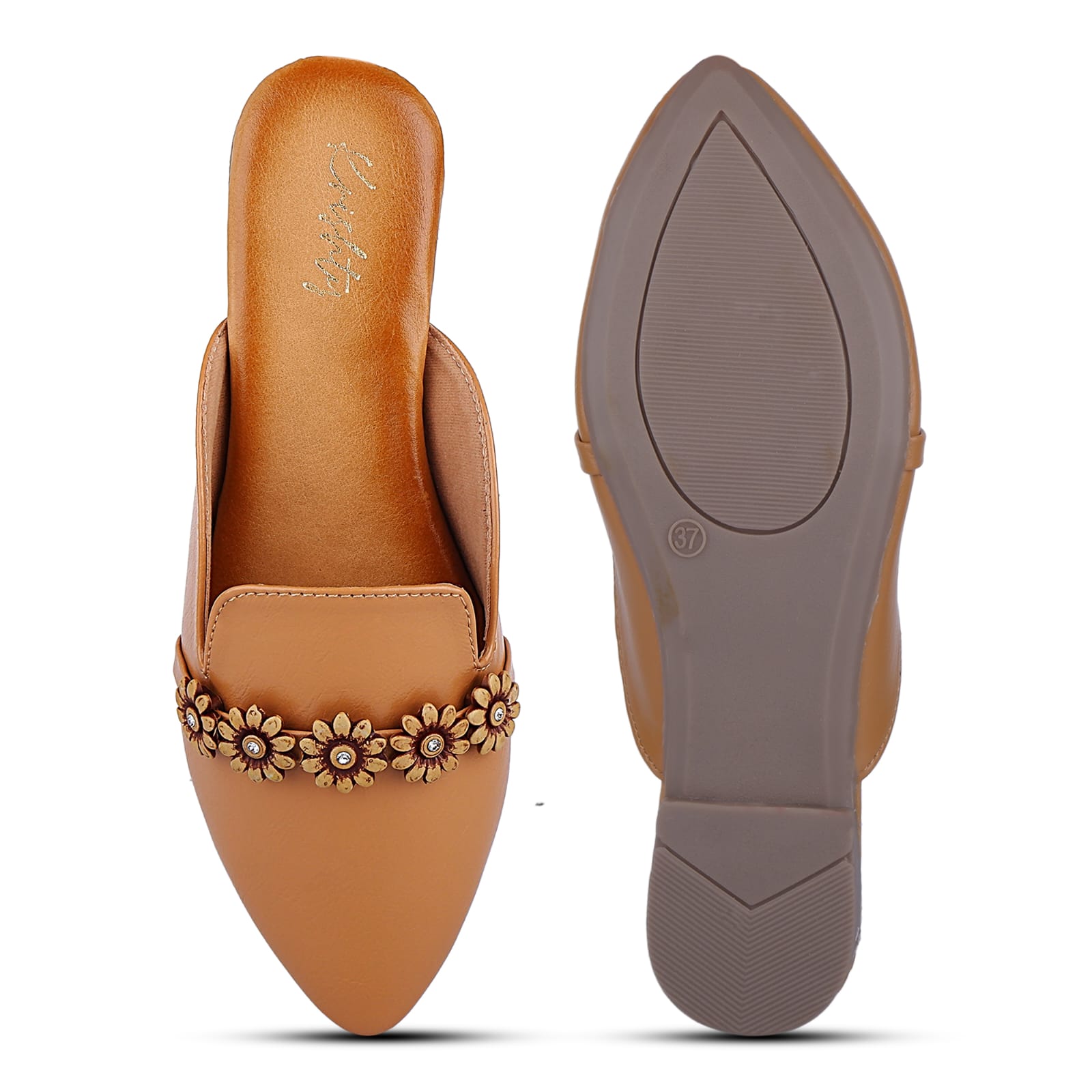 Brown Floral Embellished Slip-On Mule