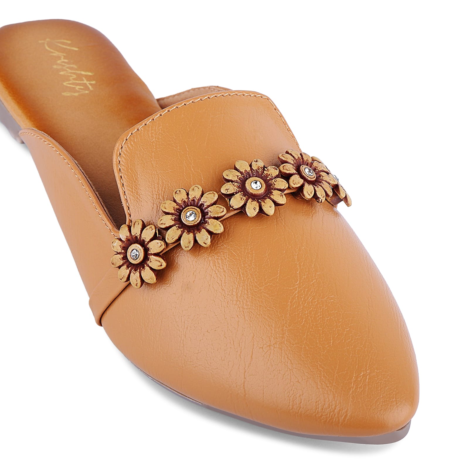Brown Floral Embellished Slip-On Mule