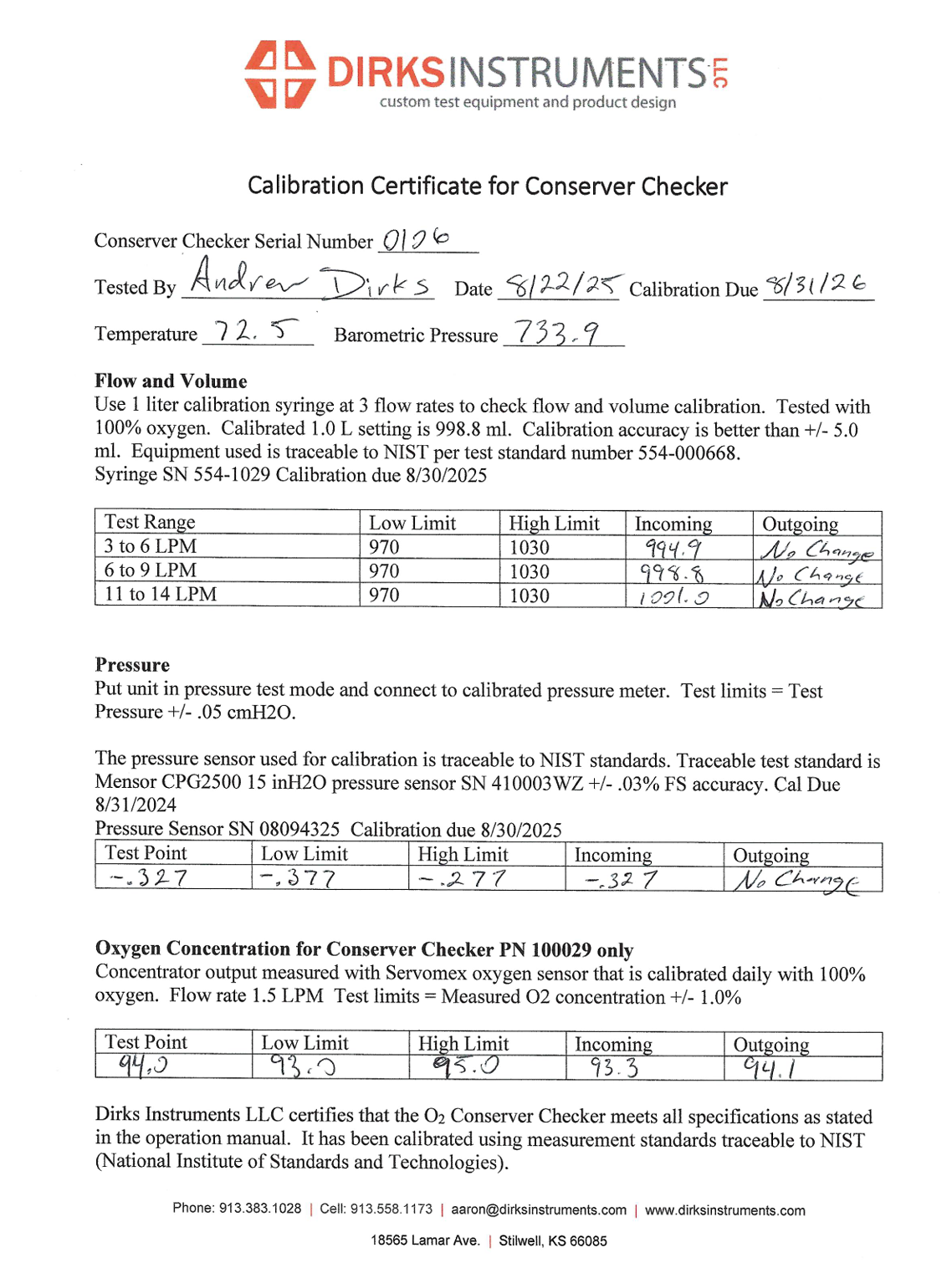 Calibration of O2 Conserver Checker