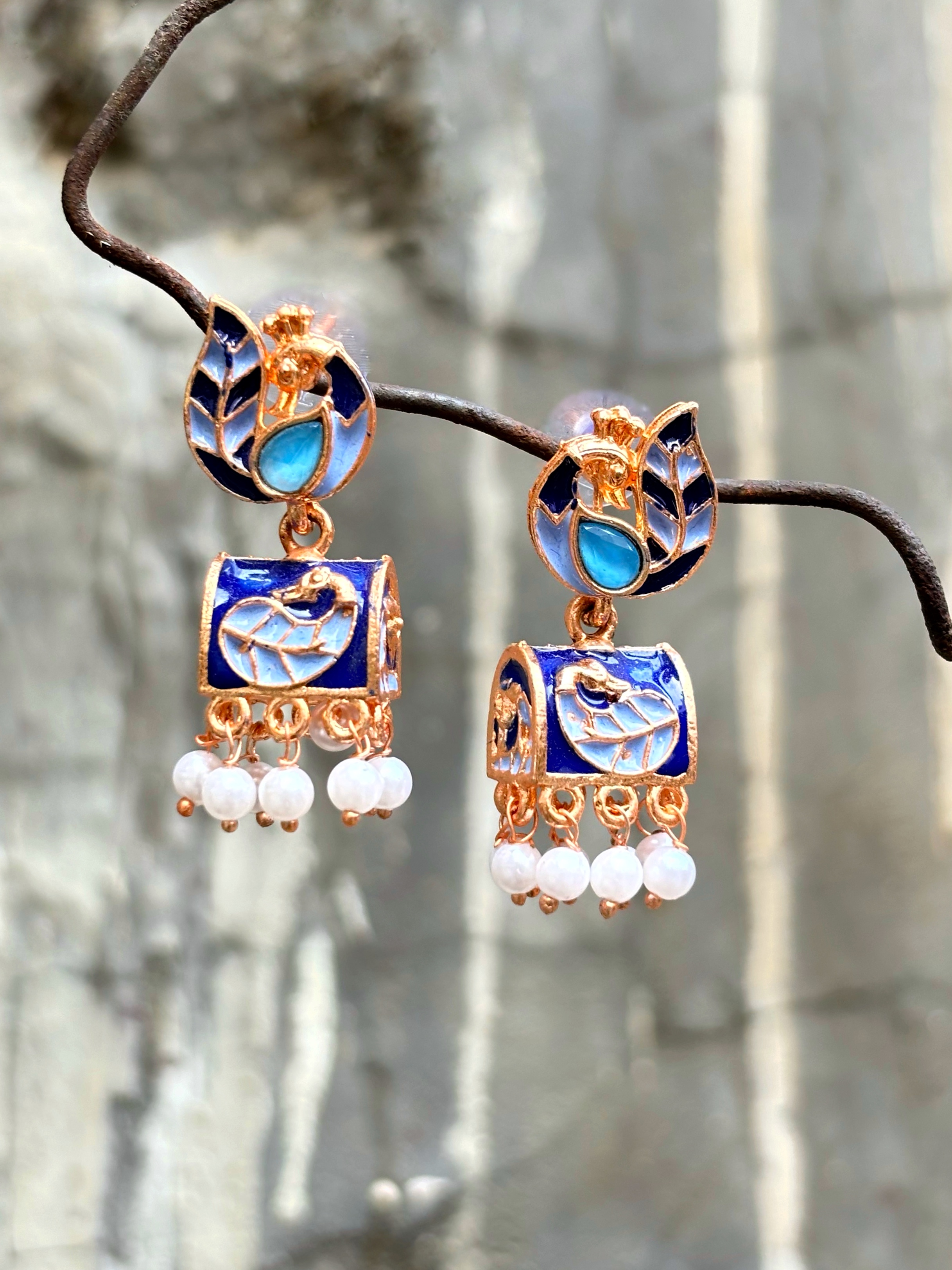 Blue Enamel Peacock Dangle Earrings