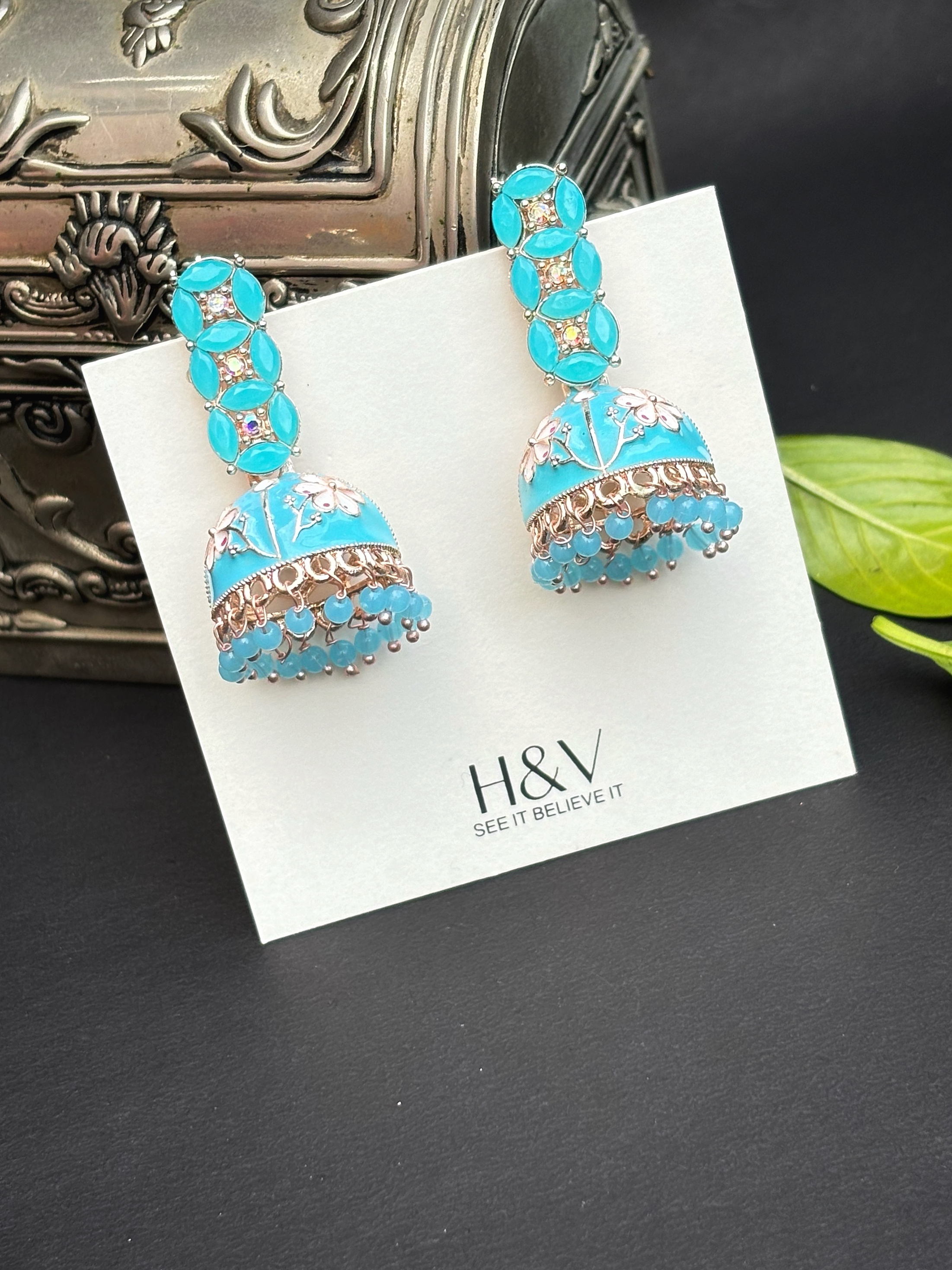 Blue Enamel Jhumka Earrings