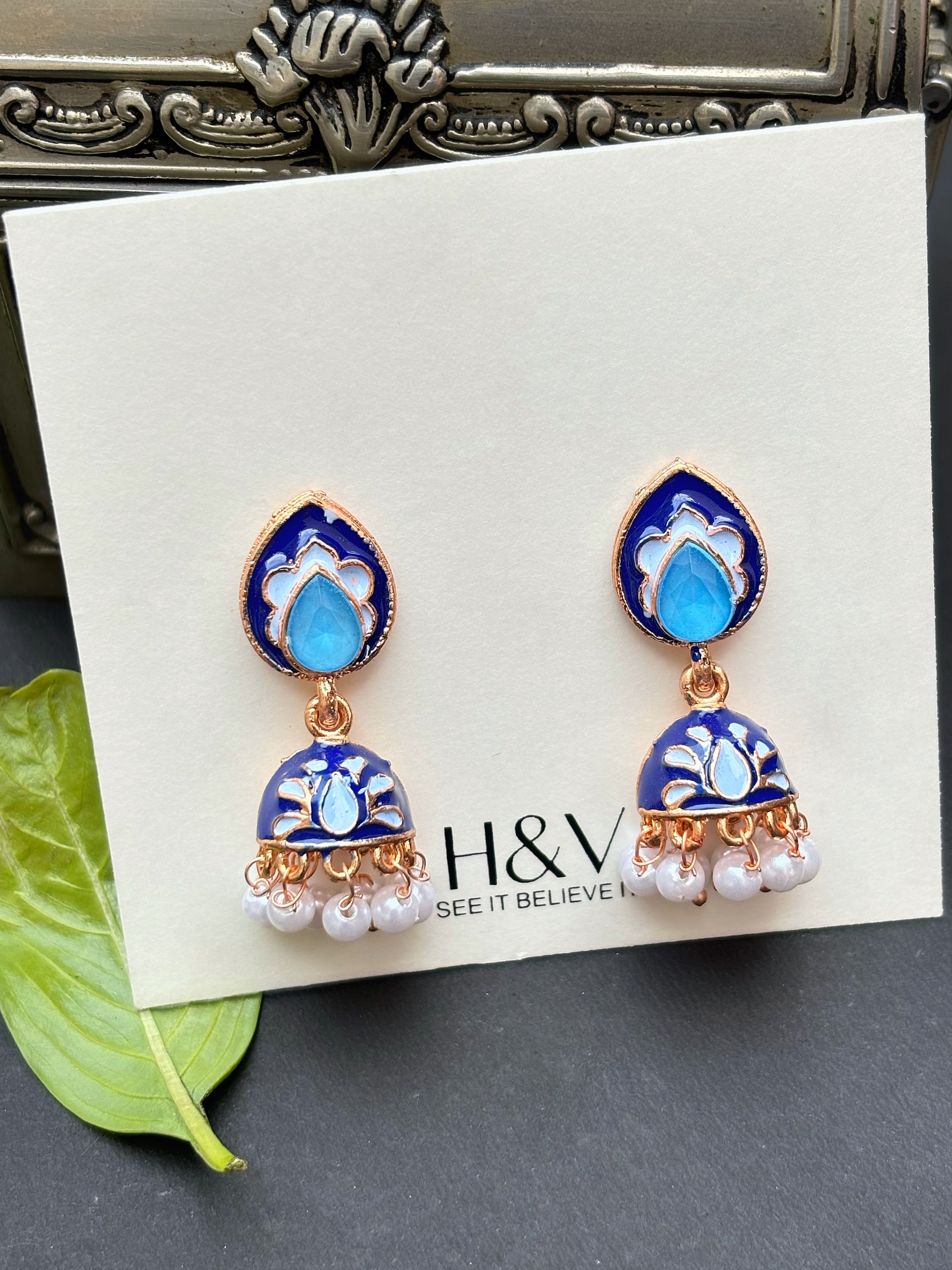 Blue Enamel Jhumka Earrings