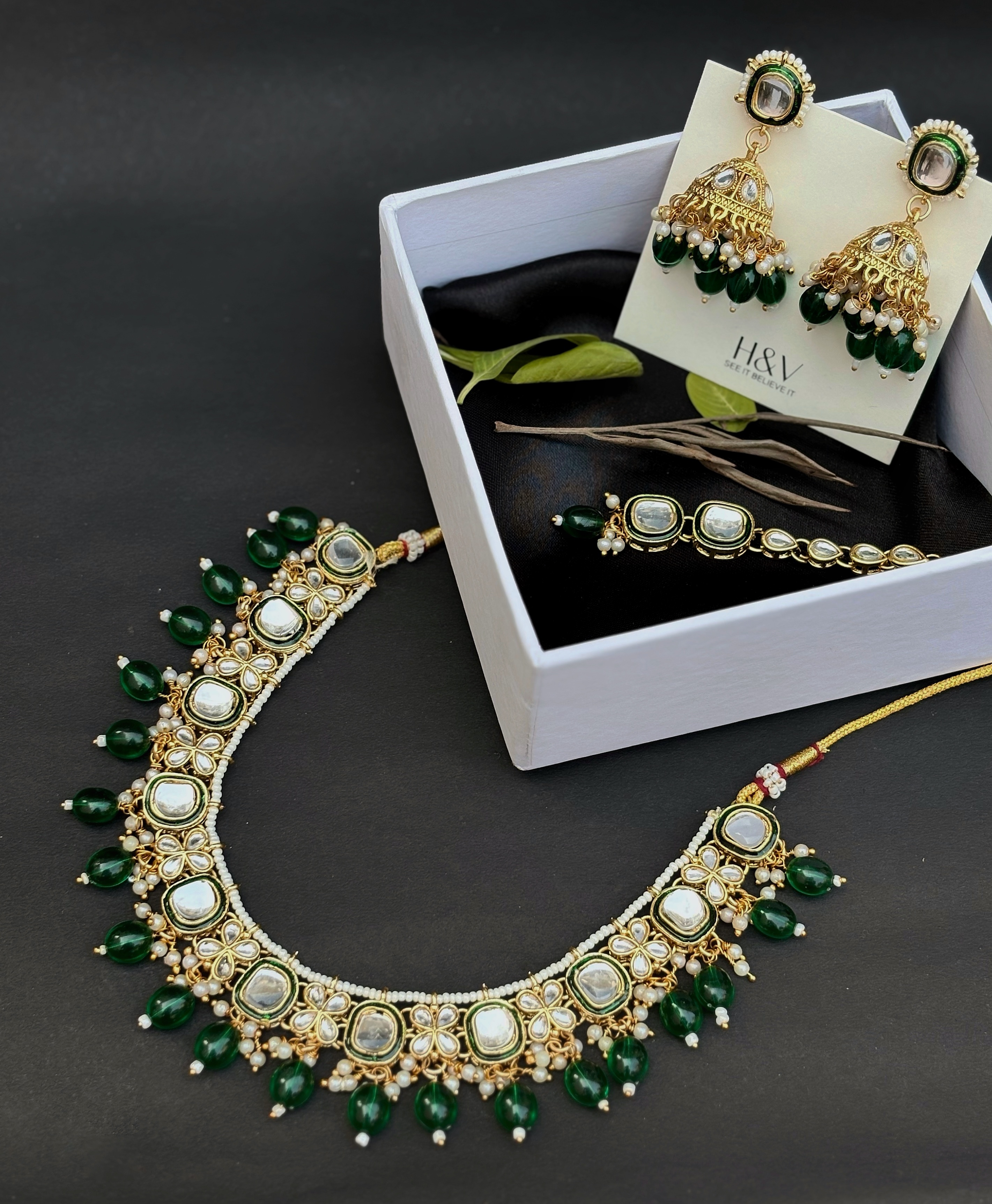 Elegant Green Kundan Jhumka Set