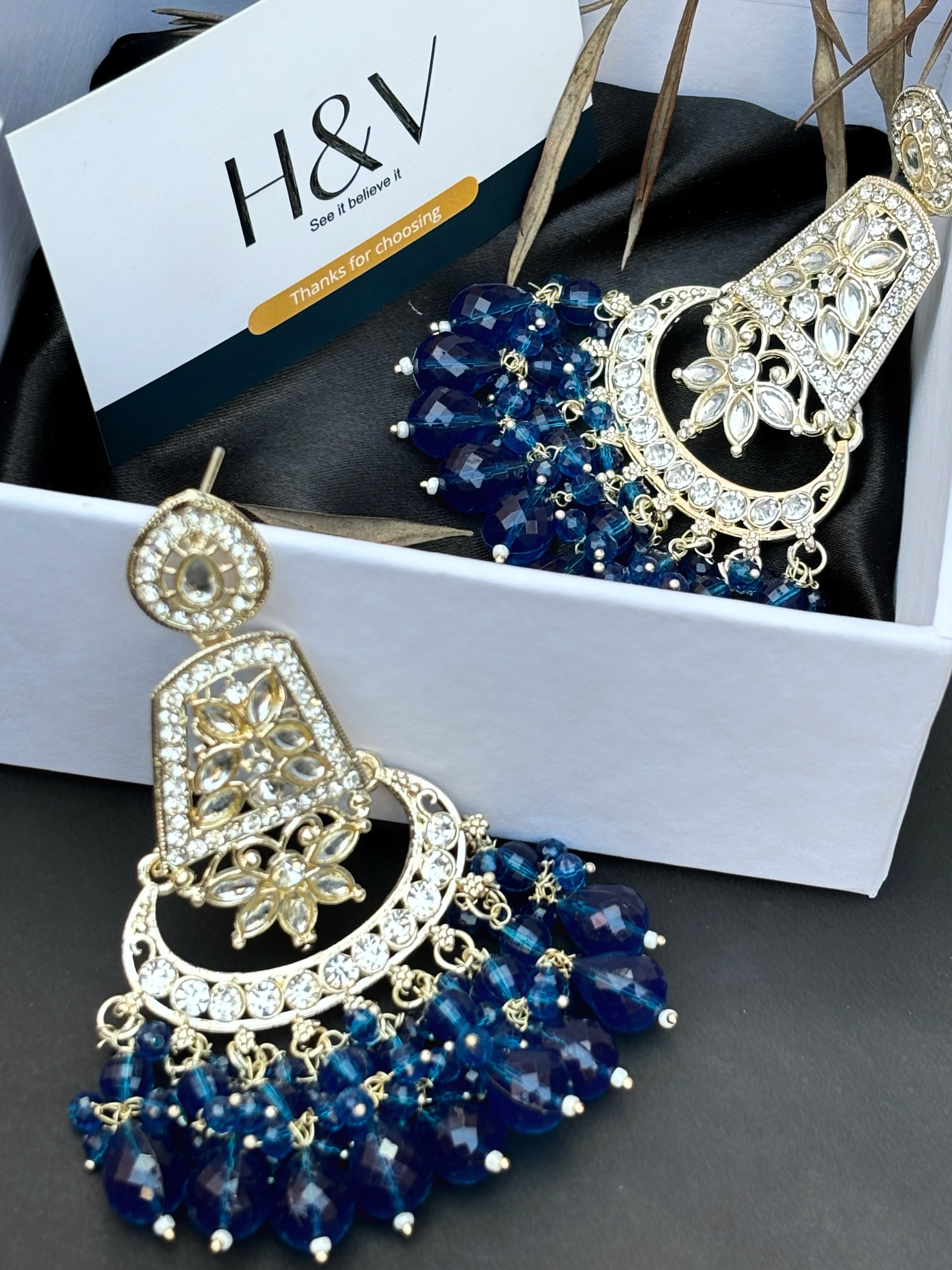 Elegant Blue Crystal Chandbali Earrings