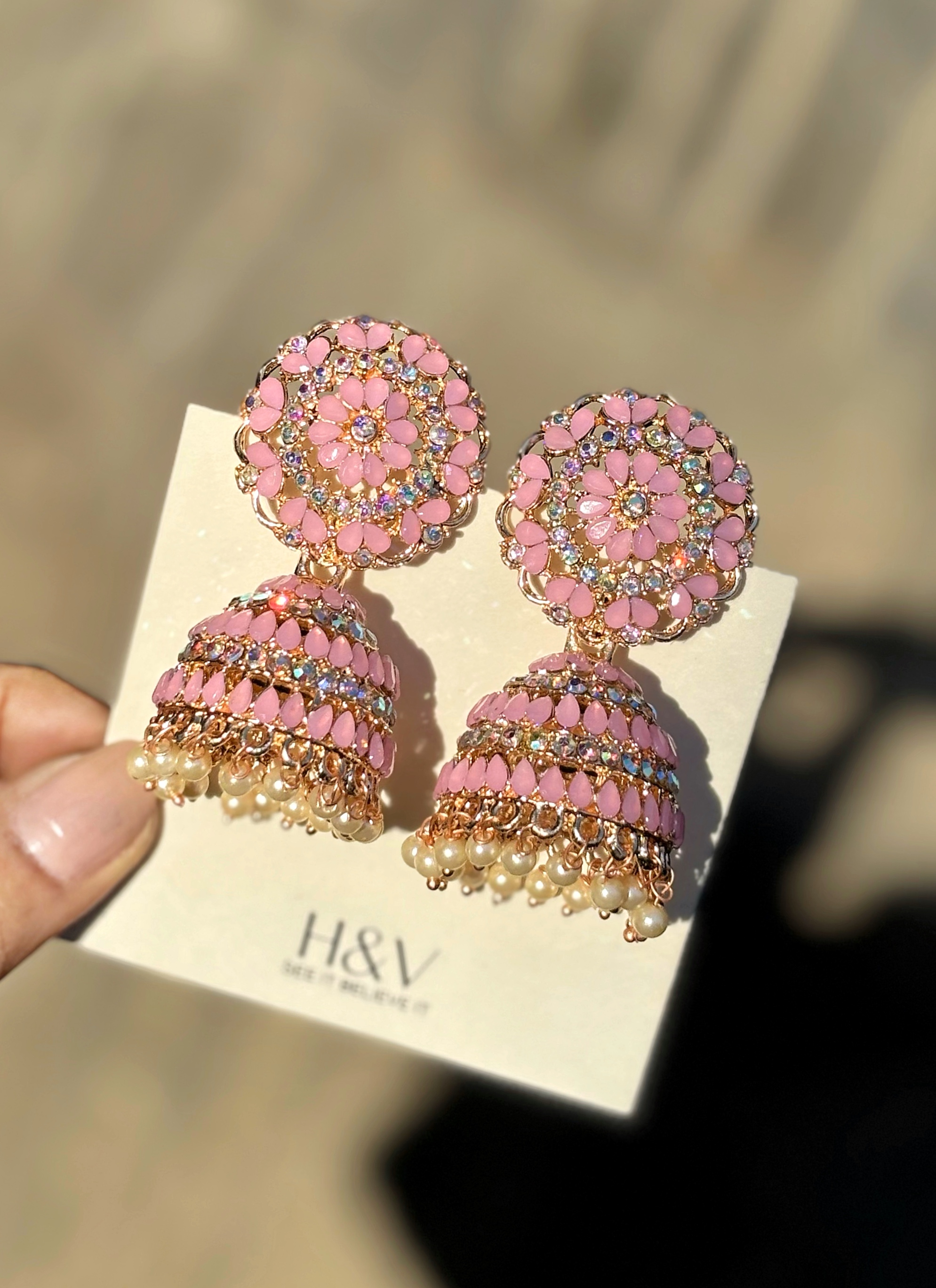 Pink and Gold Jhumka Earrings