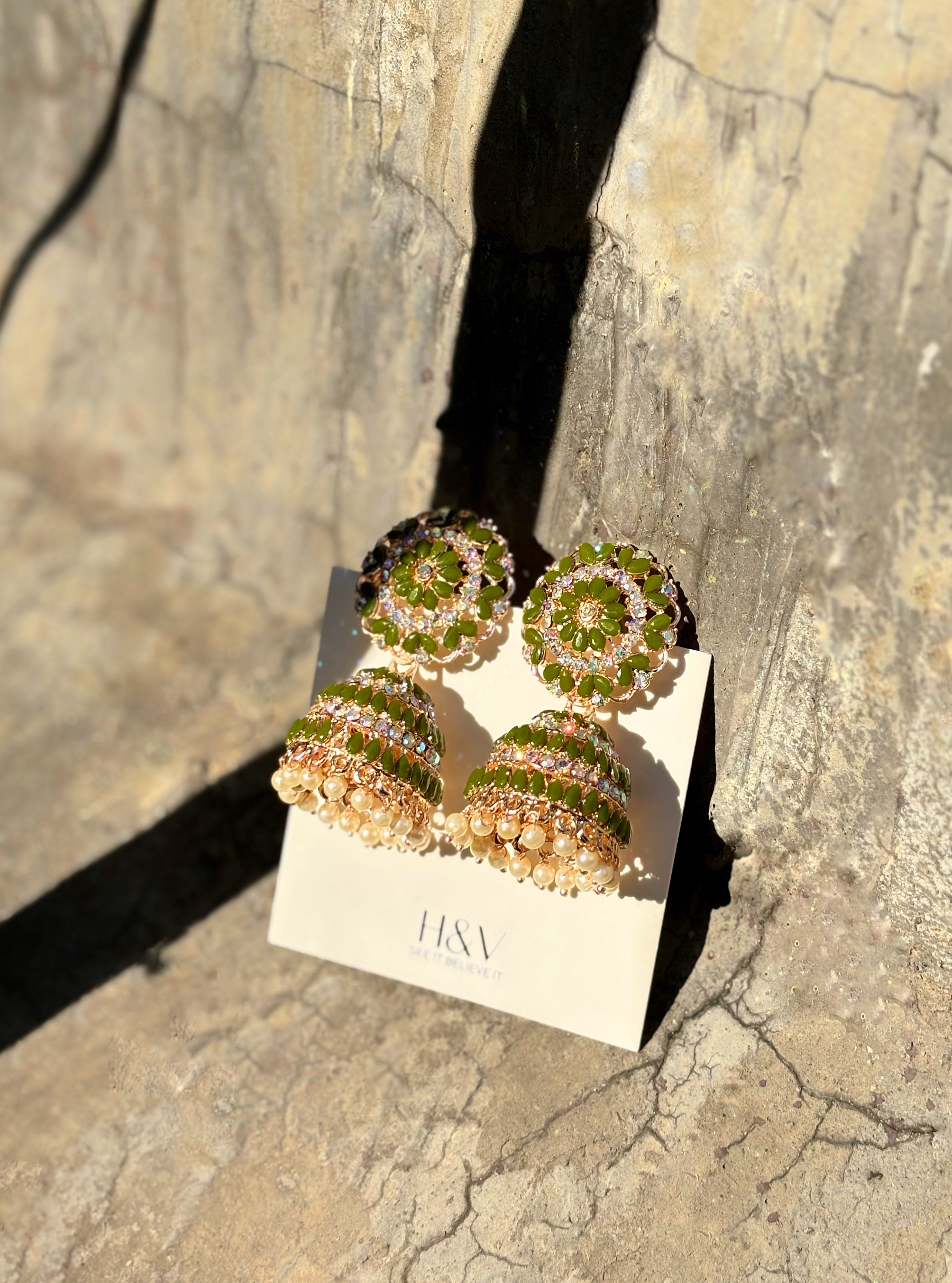 Green and Gold Jhumka Earrings