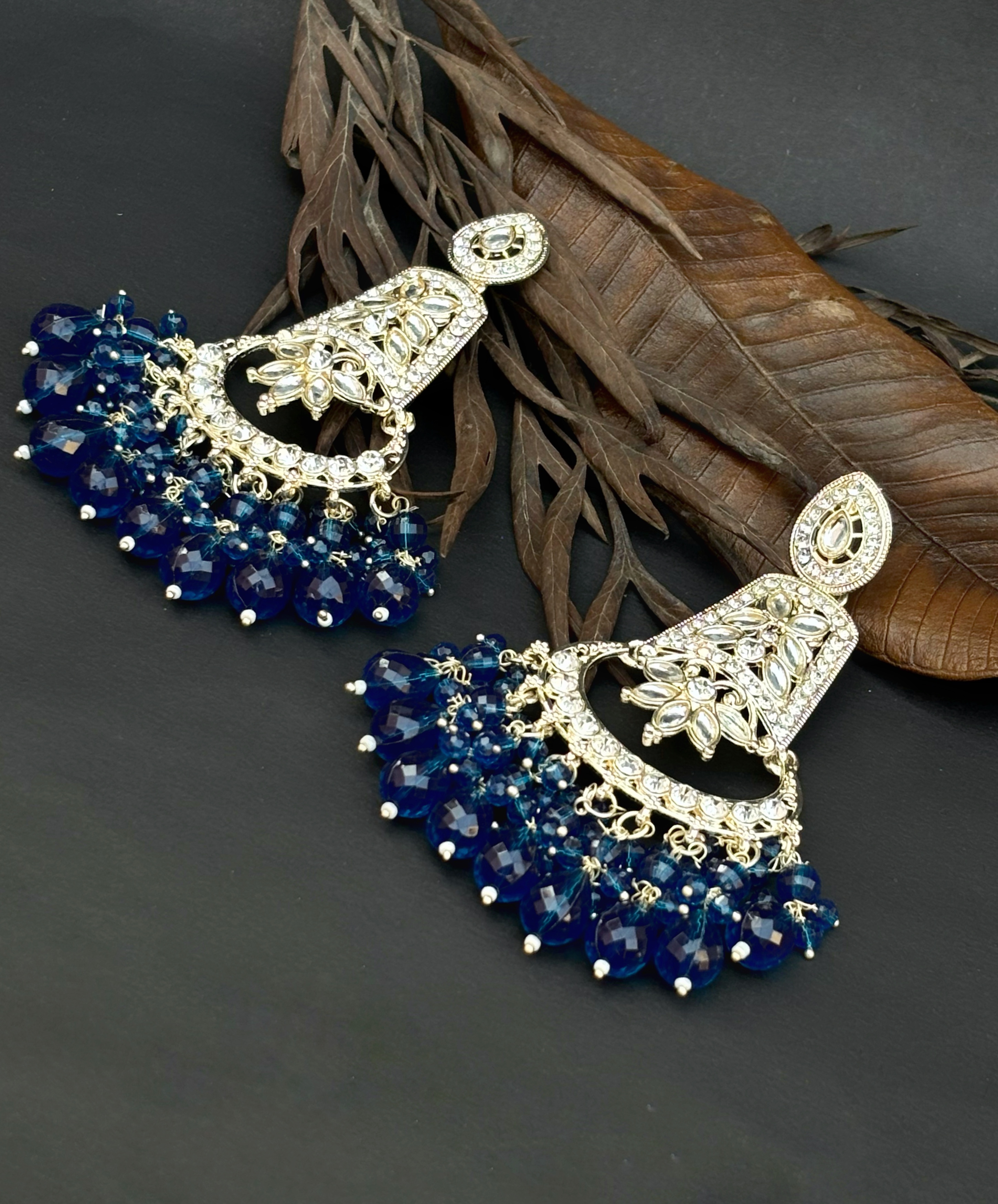 Elegant Blue Crystal Chandbali Earrings
