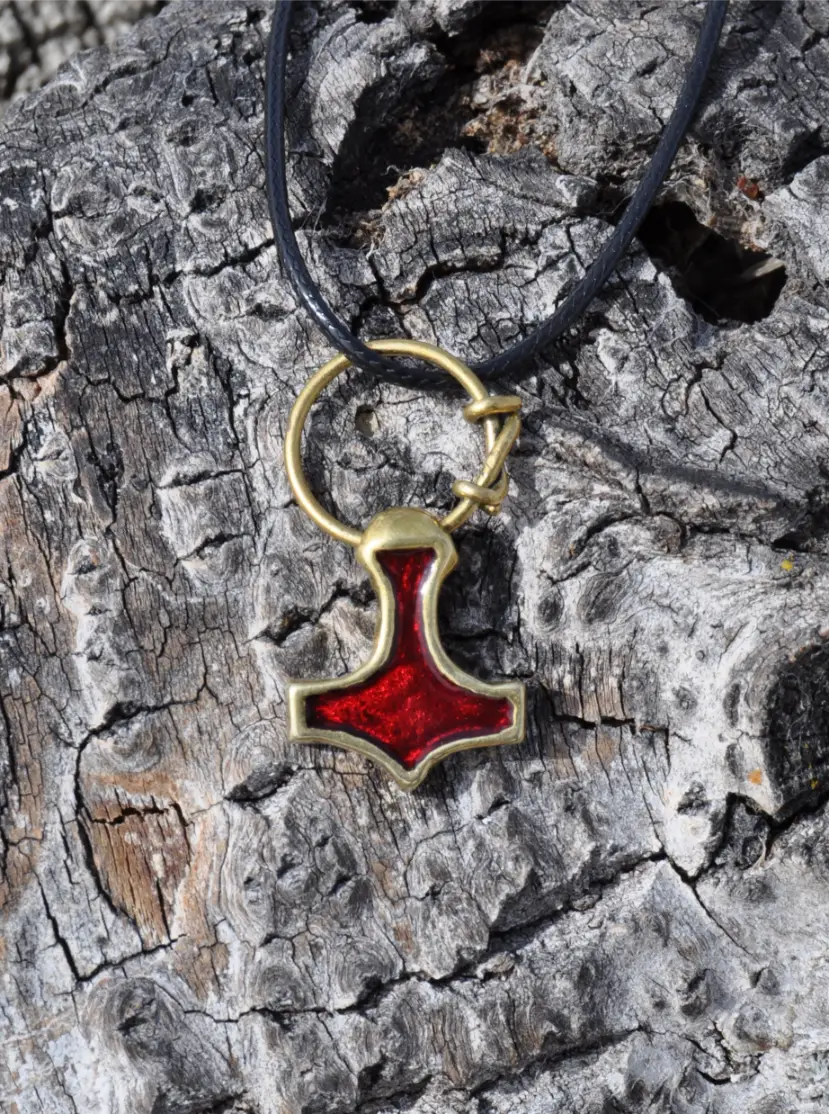 Thor’s Hammer Pendant with Red Enamel & Ring | Algiz Rune Art