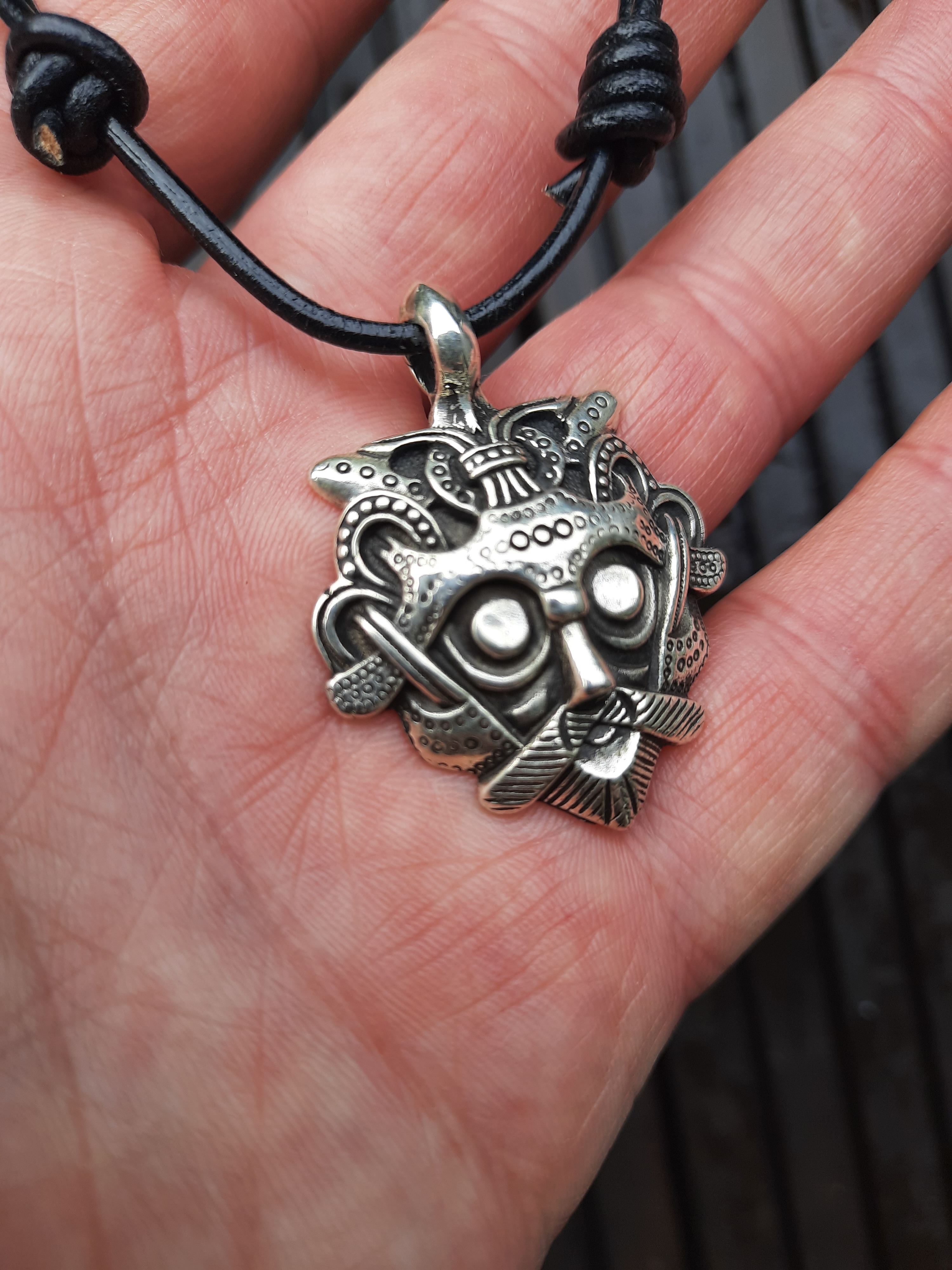 Viking Pagan Pendant - Odin's Mask with Algiz Rune - Amulet Gnezdovo, Silver