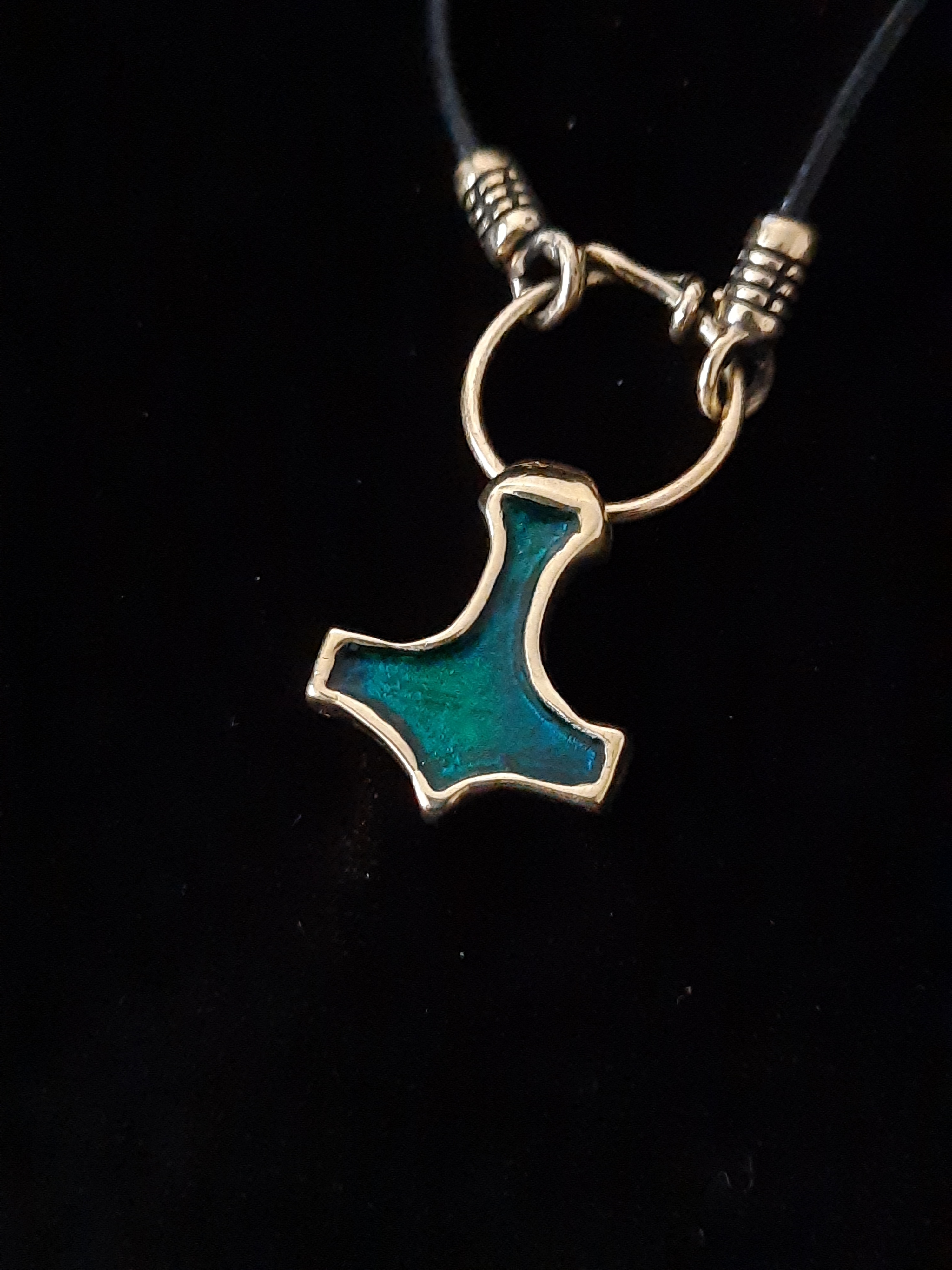 Handmade Mjolnir Pendant with Green Enamel: Patriotic Jewelry from War Zone, Brass
