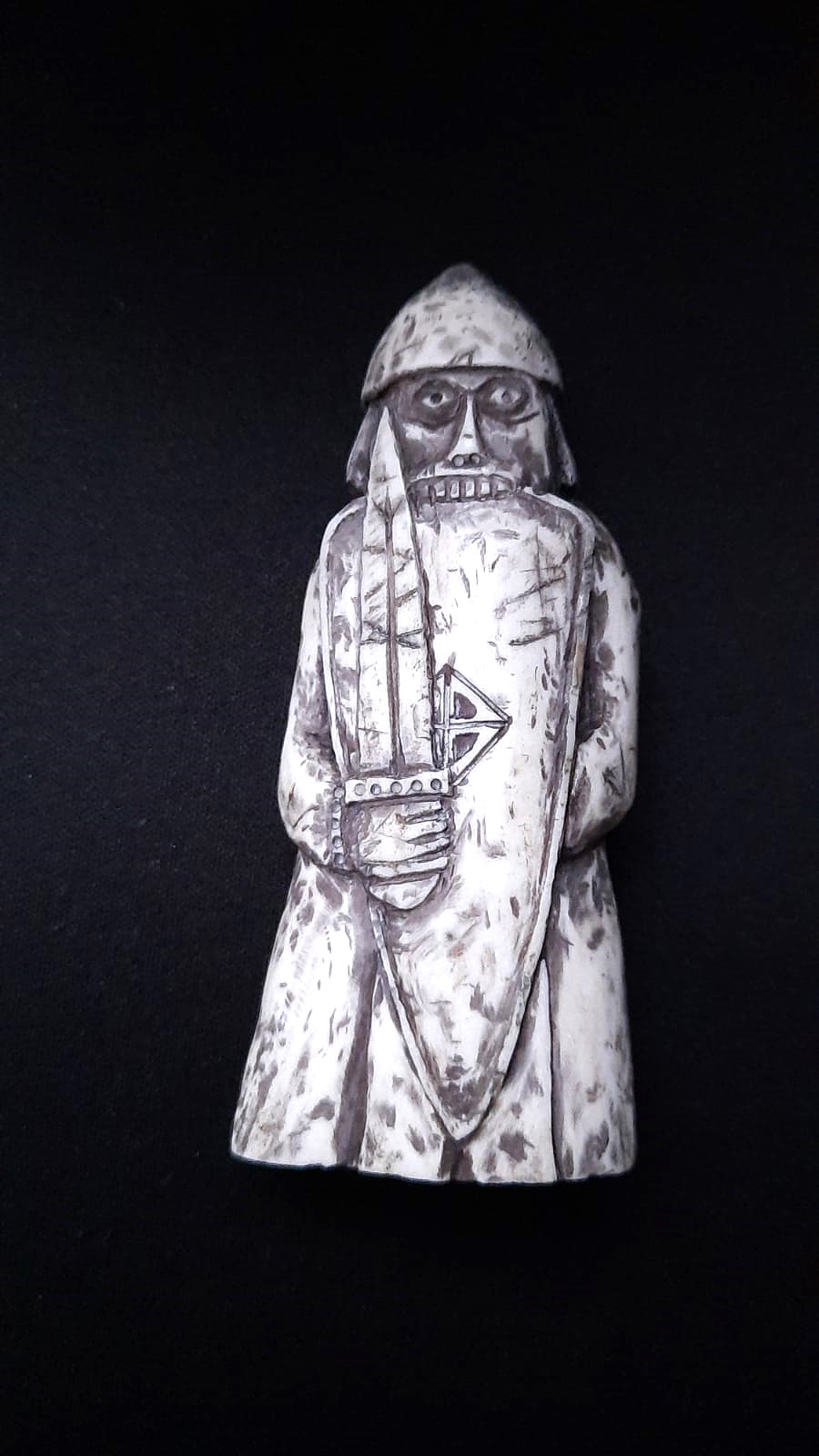Hand-Carved Lewis Chessmen Rook Replica – Berserker with Sword & Shield