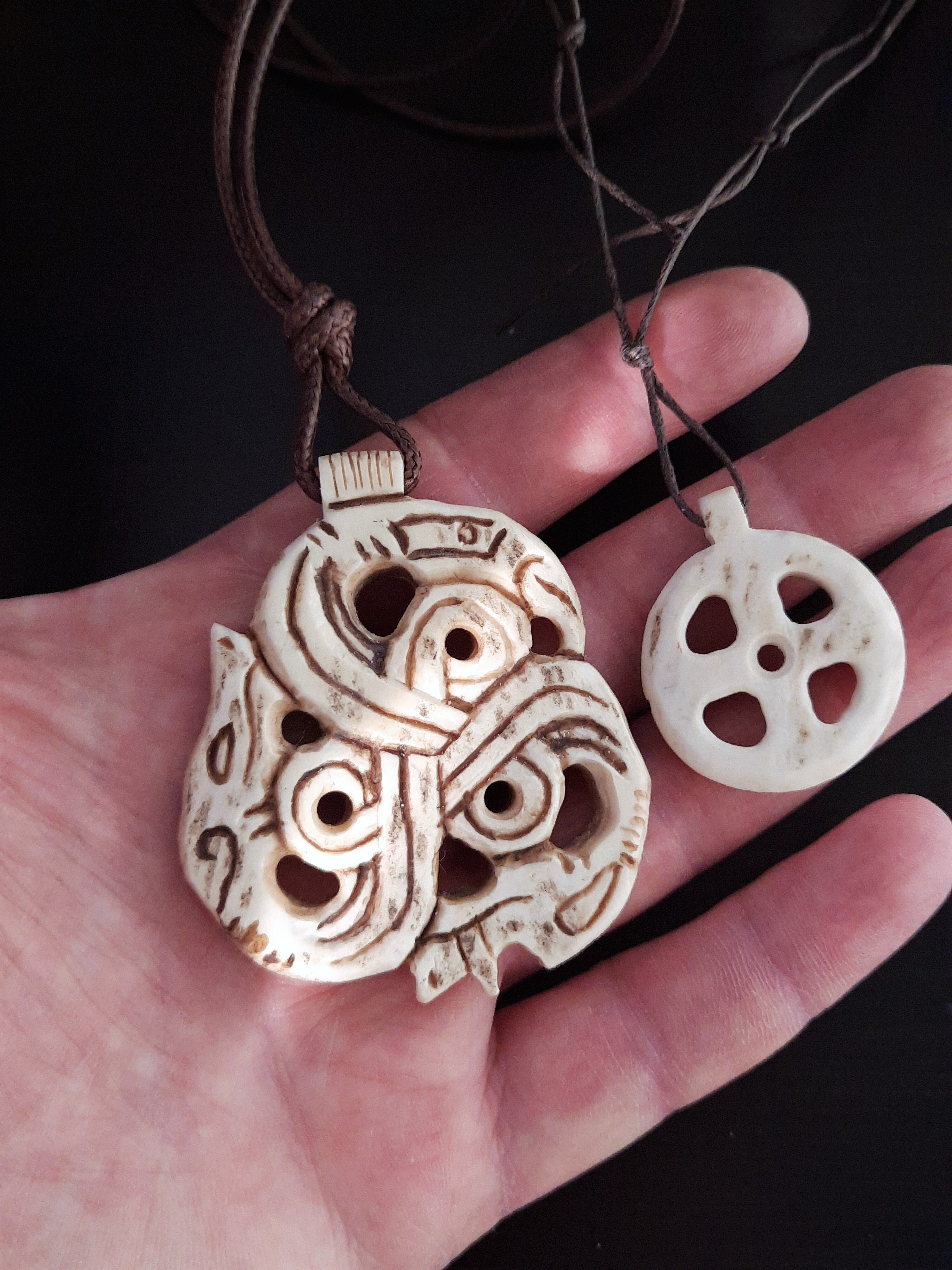 OFFER For 2 Pcs. Viking Solar Necklace With Odin Rune + Raven, Dragon & Wolf Pendant, Hand-Carved, Moose Antlers