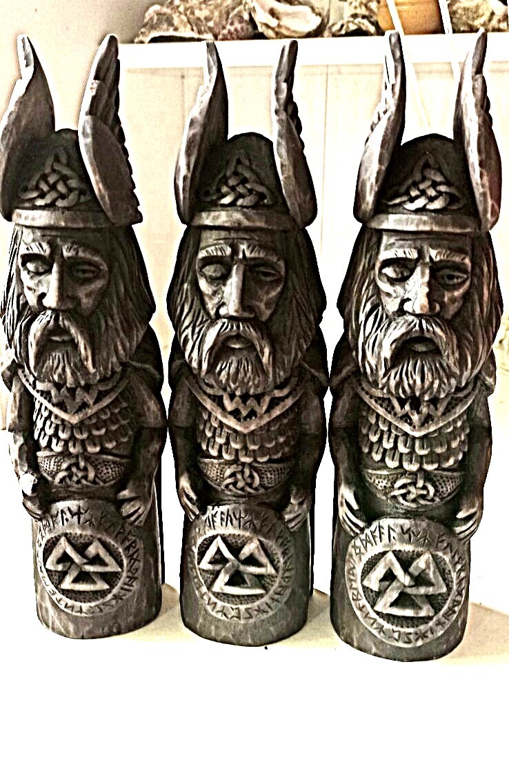 Odin Statue, Norse God of Wisdom with Valknut Symbol, Hand-Carved Wood