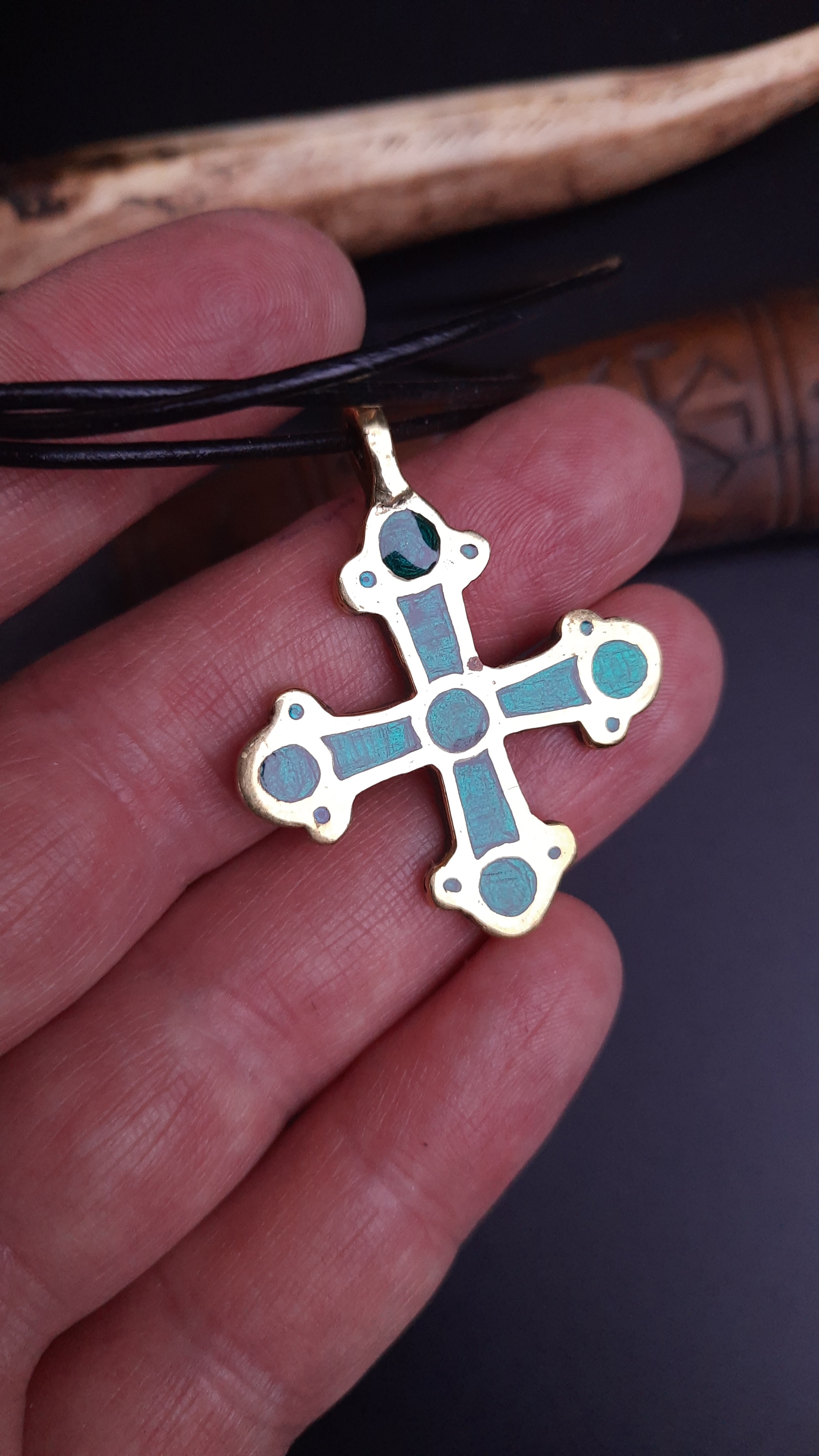 Medieval Kyivan Rus Cross with Real Green Enamel – Handmade Brass Pendant from Ukraine