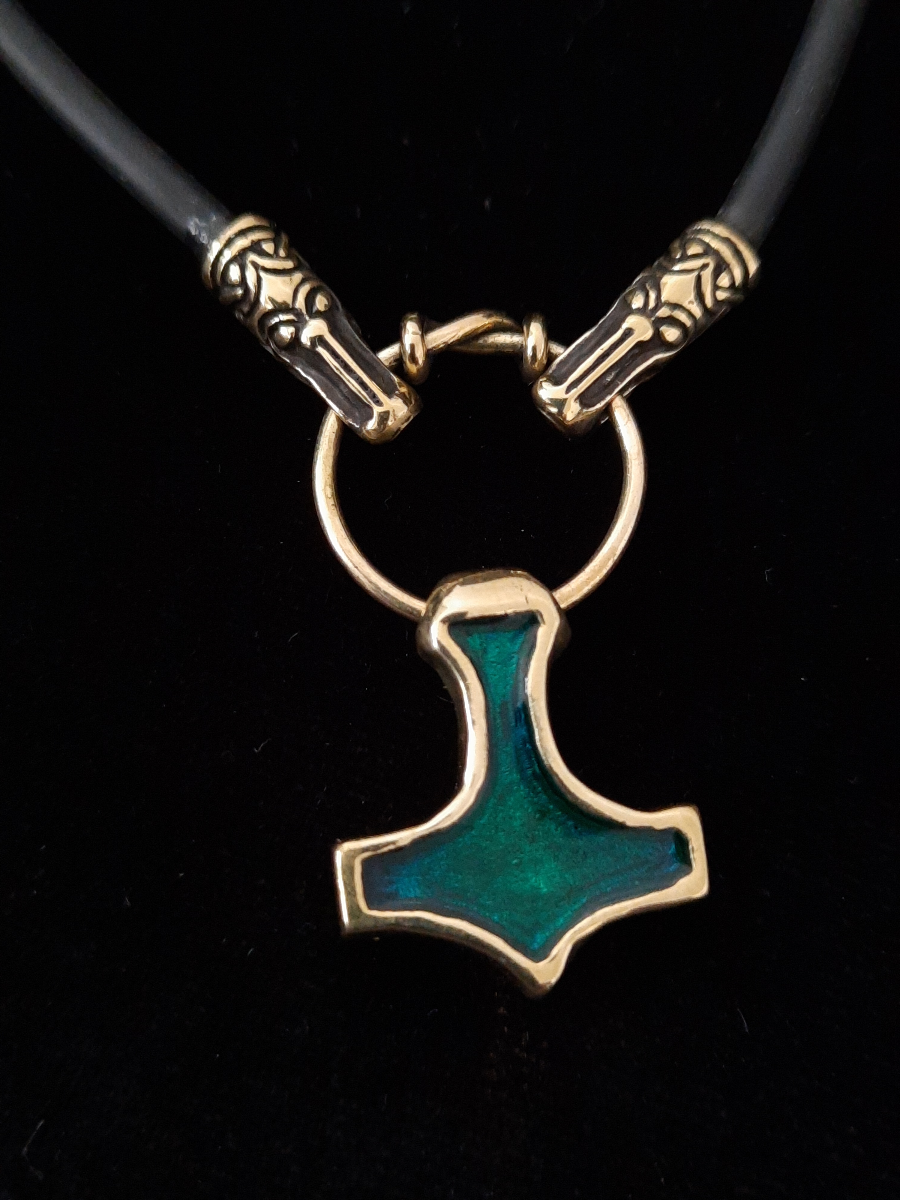 Handmade Mjolnir Pendant with Green Enamel and Dragon heads cord: Patriotic Jewelry from War Zone, Brass
