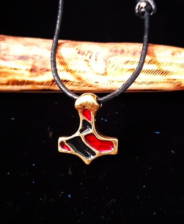Thor’s Hammer Mjolnir Pendant with Black & Red Enamel | Algiz Rune Art