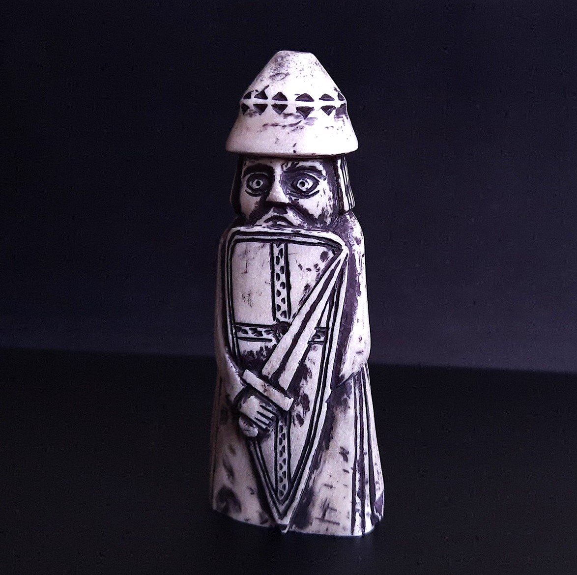 Lewis Chessmen, Viking Rook with Sword and Shield, Hand-Carved from Moose Antlers