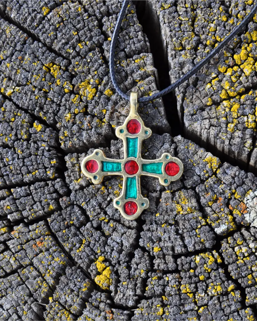 Medieval Kyivan Rus Cross with Red & Green Enamel – Handmade Brass Pendant from Ukraine