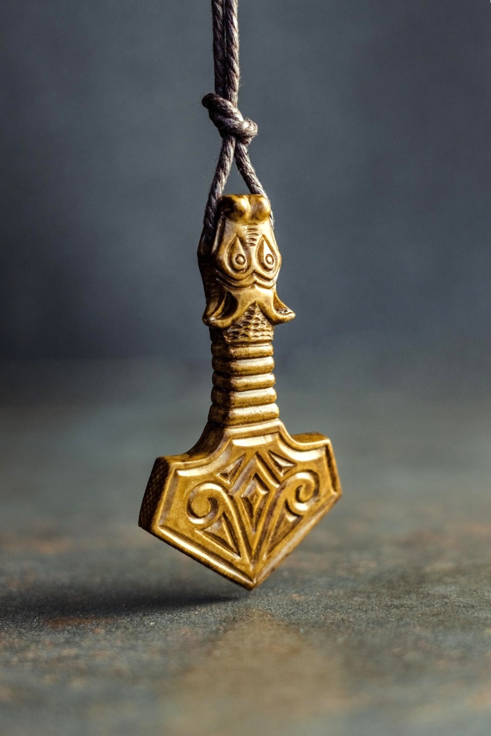 Mjolnir Pendant With Thor Bindrune & Solar Symbols, Antlers Hand-Carved