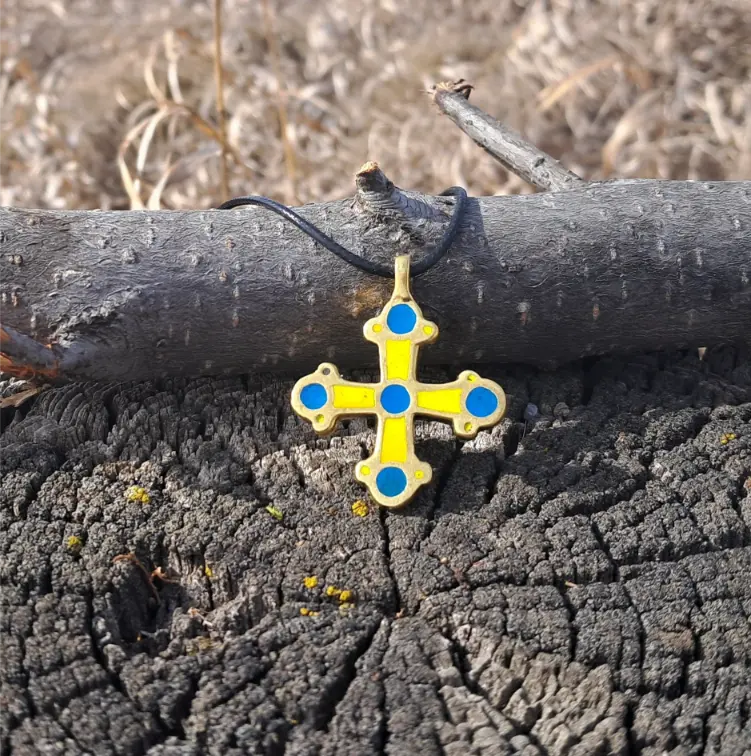Kyivan Rus Cross with Blue & Yellow Enamel – Handmade Brass Byzantine Replica from Ukraine