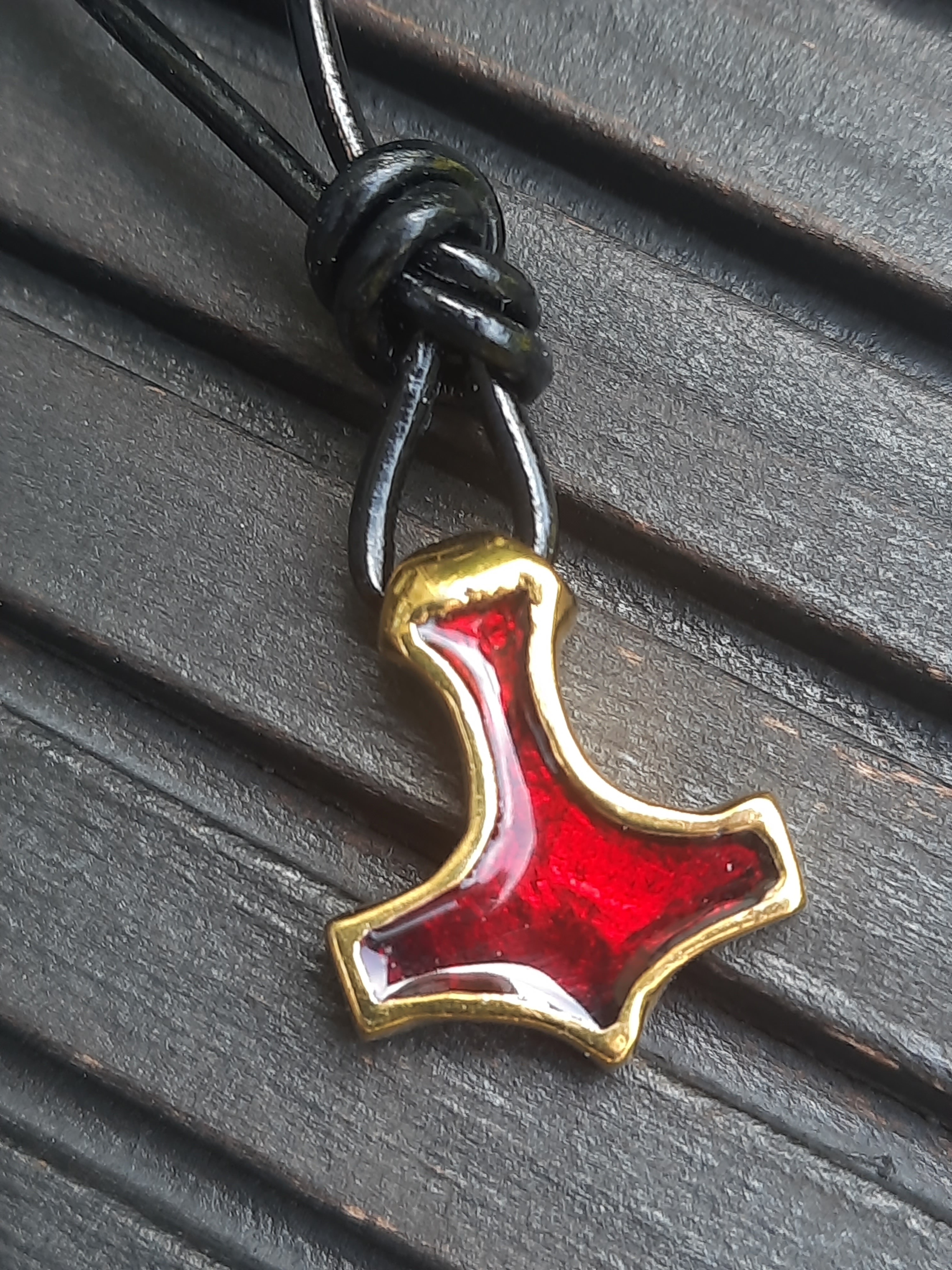 Handmade Mjolnir with Red Enamel, Mjölnir, Thor's Pendant, Viking Shieldmaiden Amulet, Brass