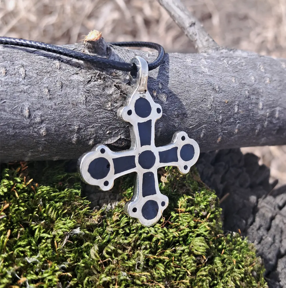 Kyivan Rus Cross with Black Enamel – Handmade Pewter Byzantine Replica from Ukraine