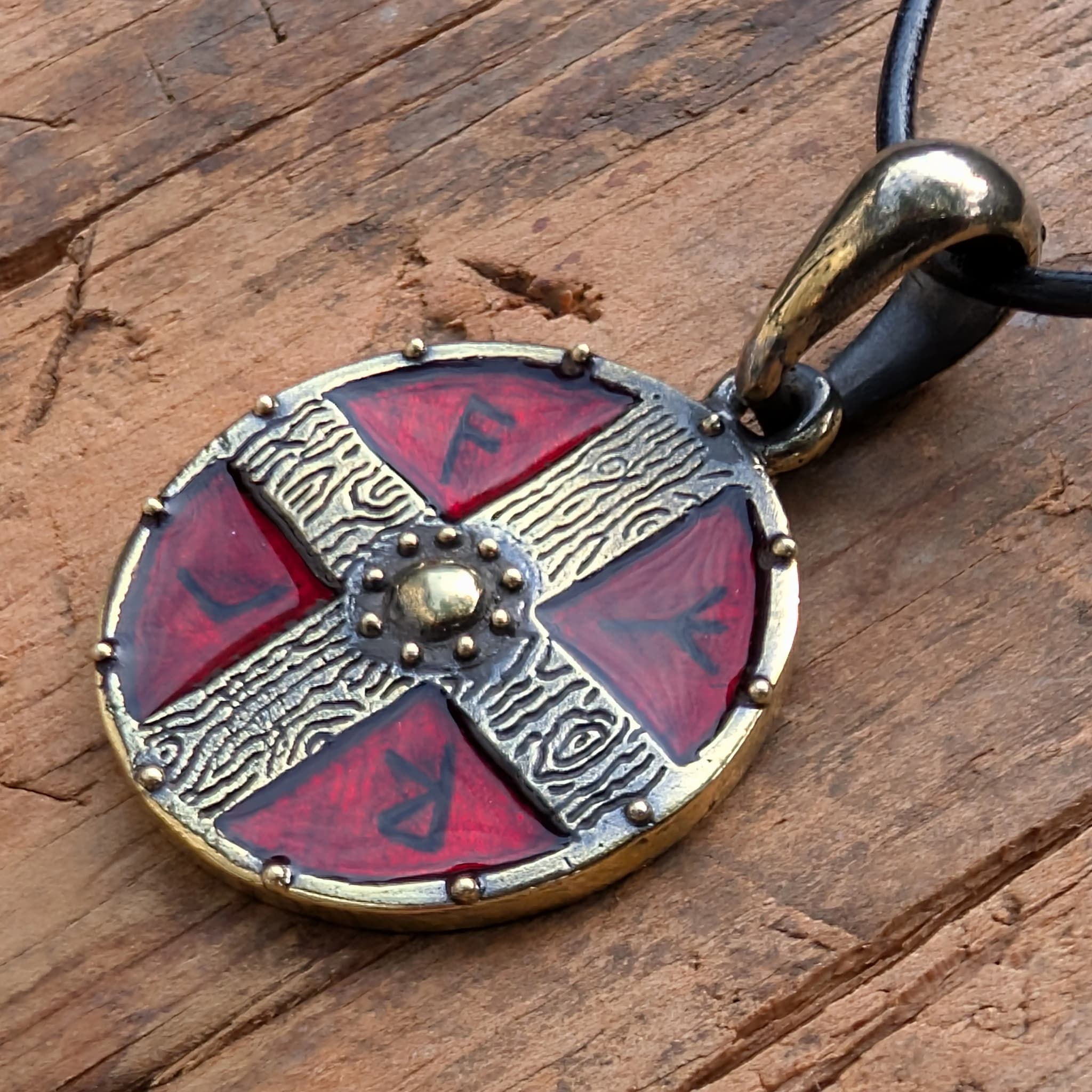 Viking Shield Pendant with Runes – Red Enamel Brass Amulet