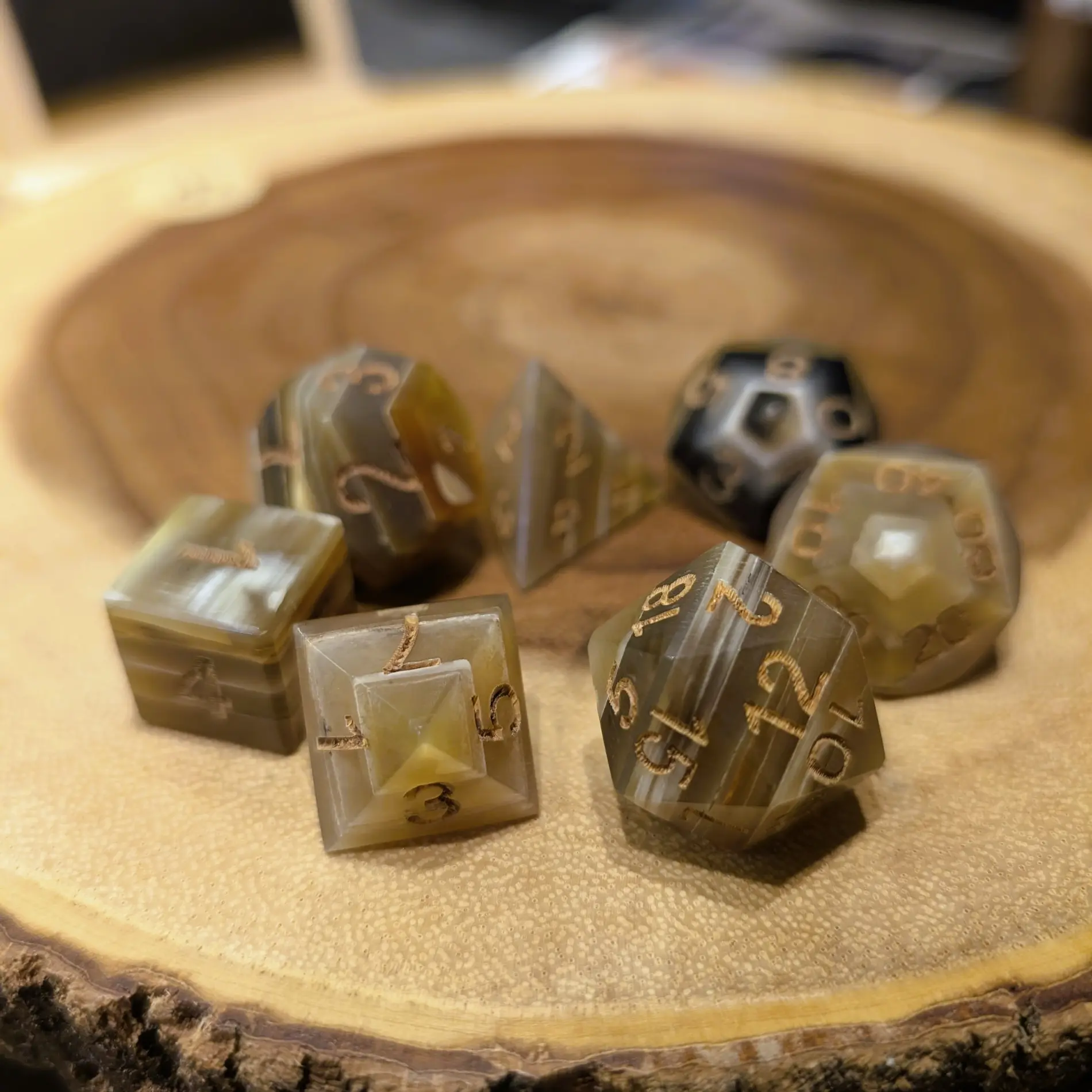 Hand-Carved Onyx Ox Horn Dice Set for DnD & Tabletop RPGs