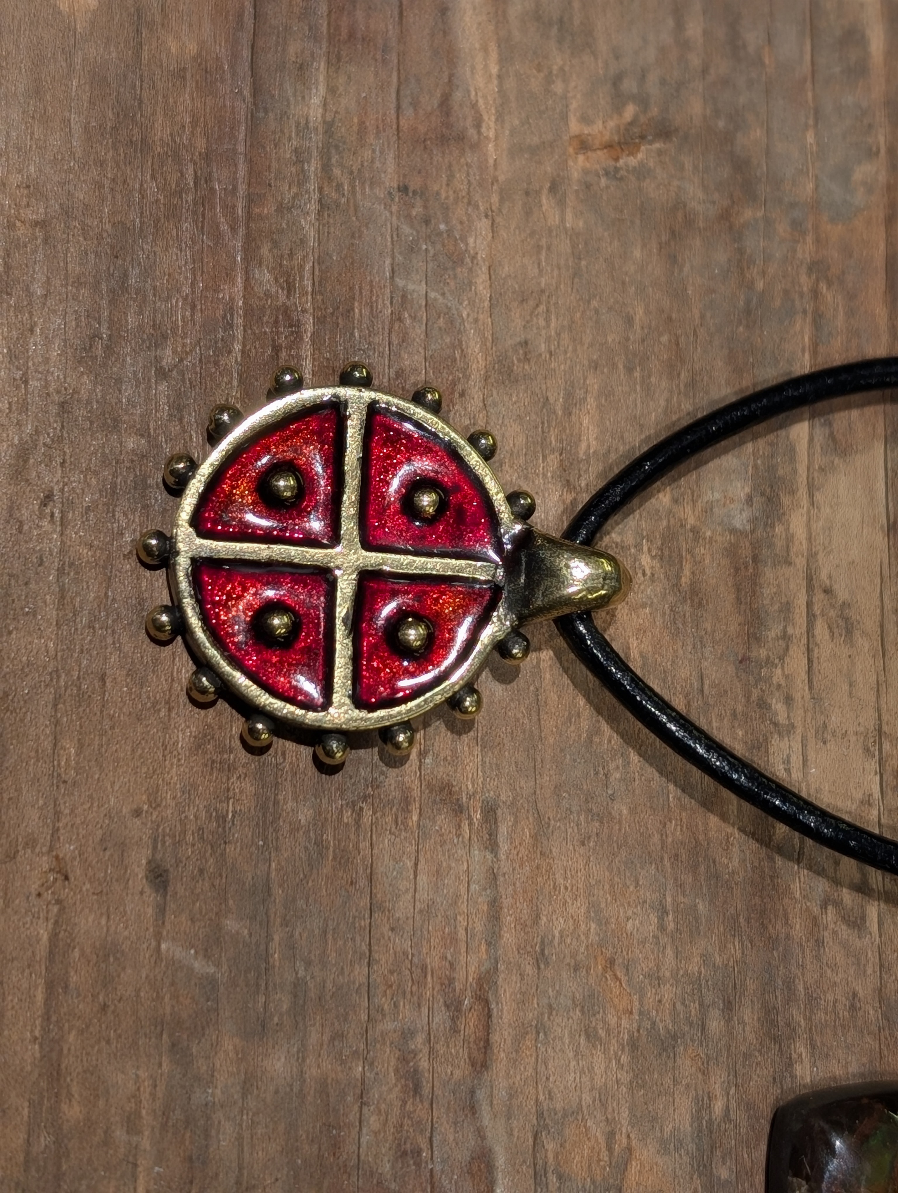Hand-Cast Solar Amulet / Sun Cross with Red Enamel