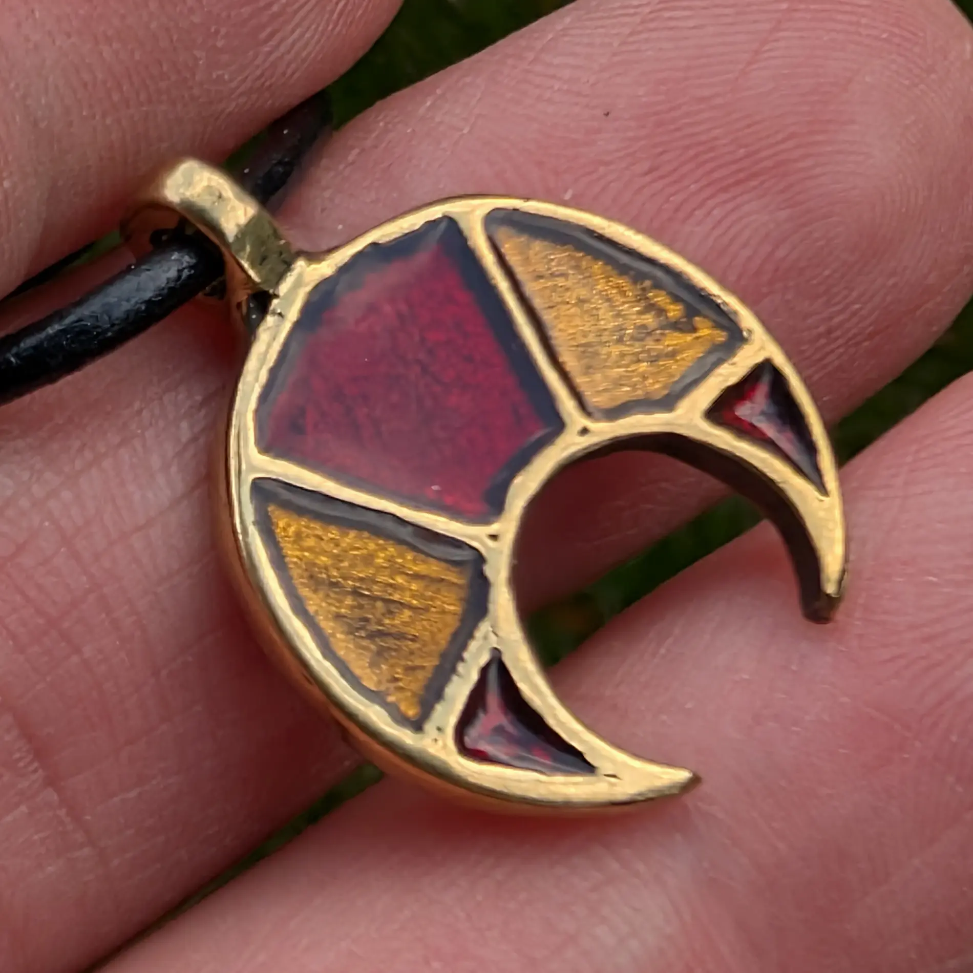 Viking / Slavic Lunula Pendant with Red and Yellow Enamel in Brass