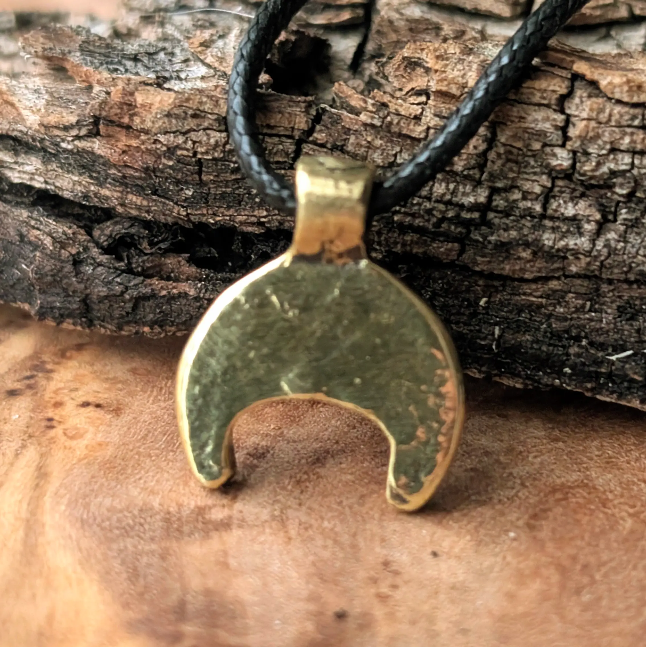 Viking–Slavic Lunula Pendant with Green Enamel in Brass