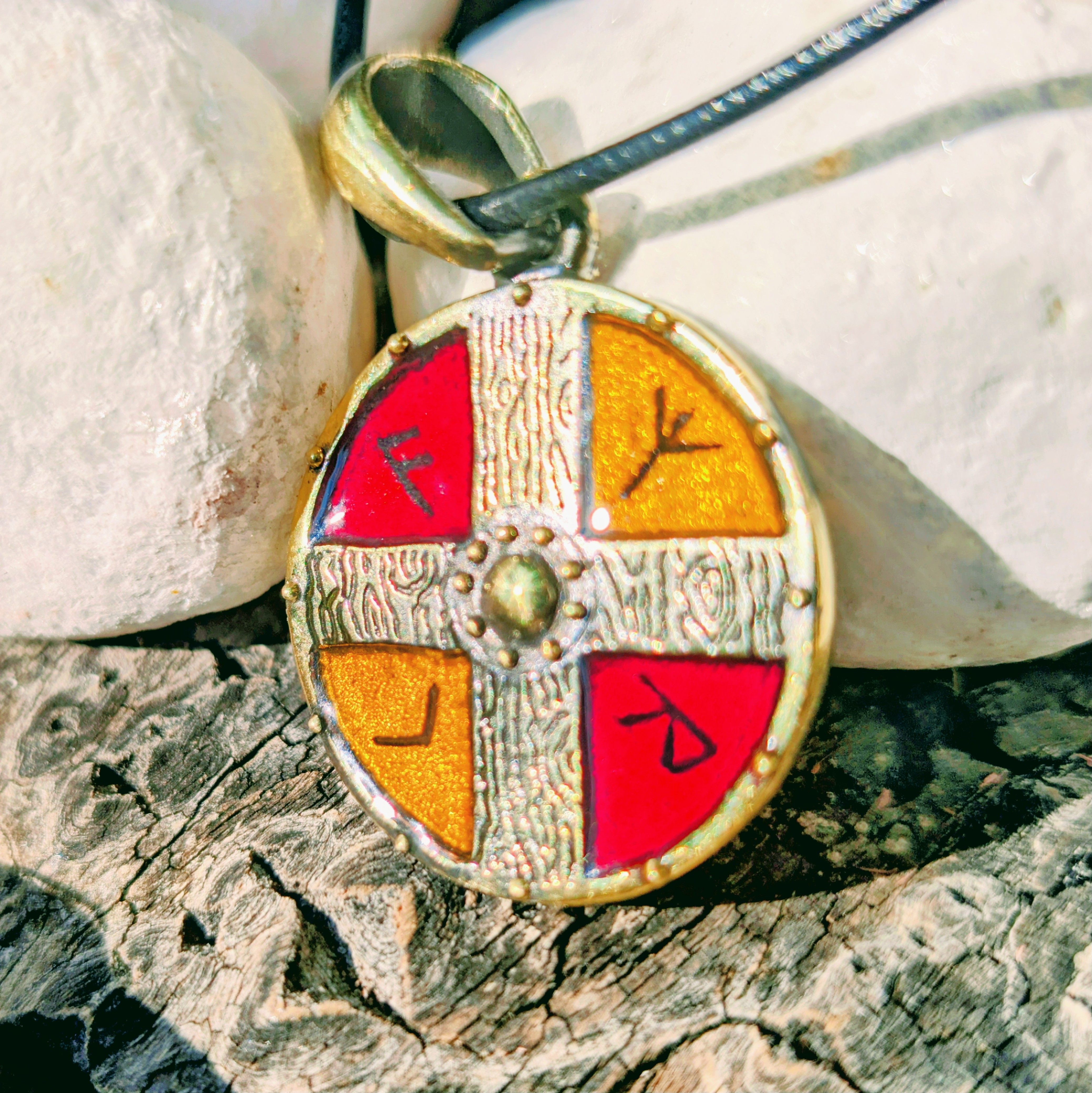 Viking Shield Pendant with Hot Enamel – Hand-Cast Brass Amulet | Algiz-Rune Art