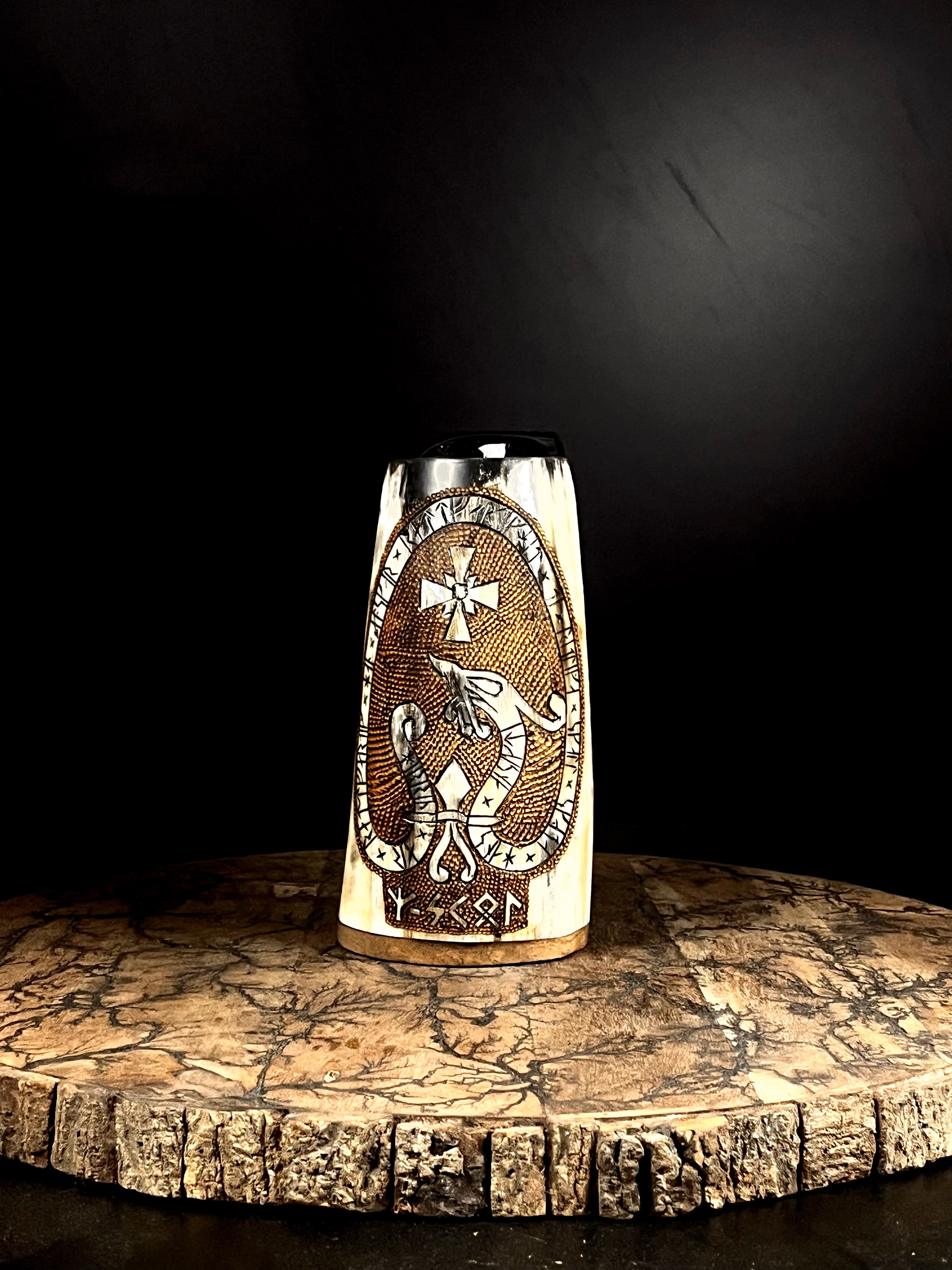 Jörmungandr – Viking Runic Stone Drinking Horn Tankard | Algiz-Rune Art