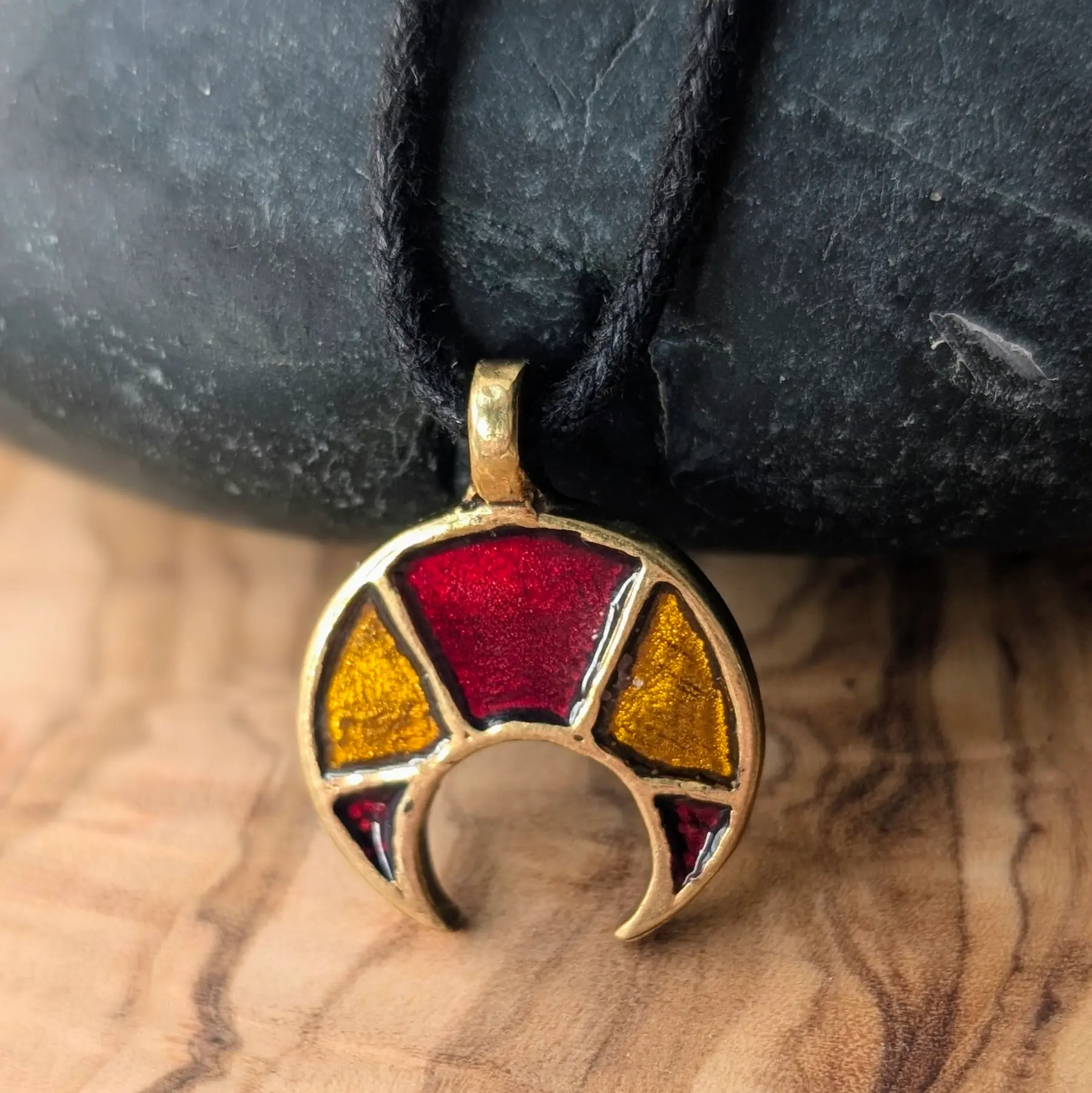 Viking / Slavic Lunula Pendant with Red and Yellow Enamel in Brass