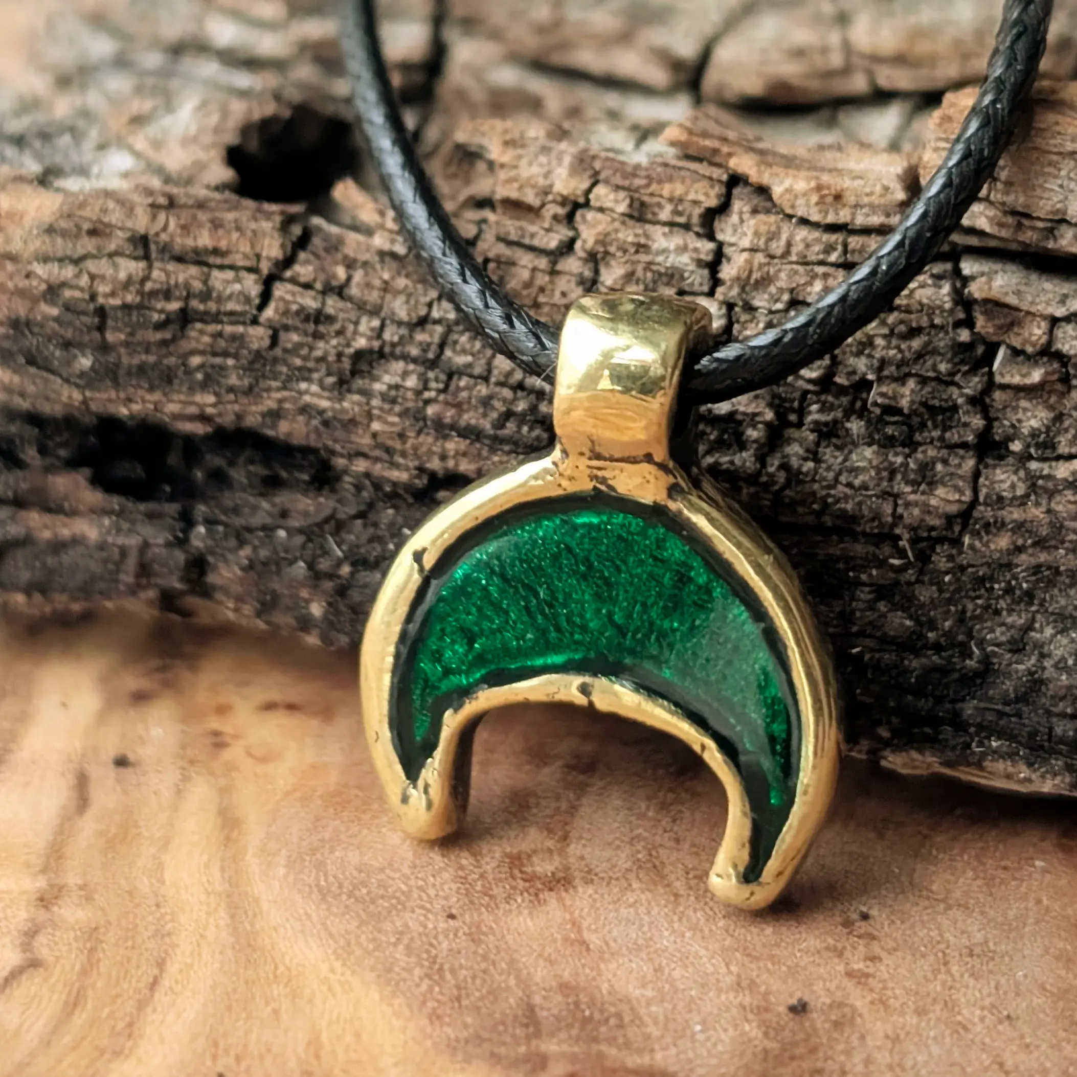 Viking–Slavic Lunula Pendant with Green Enamel in Brass