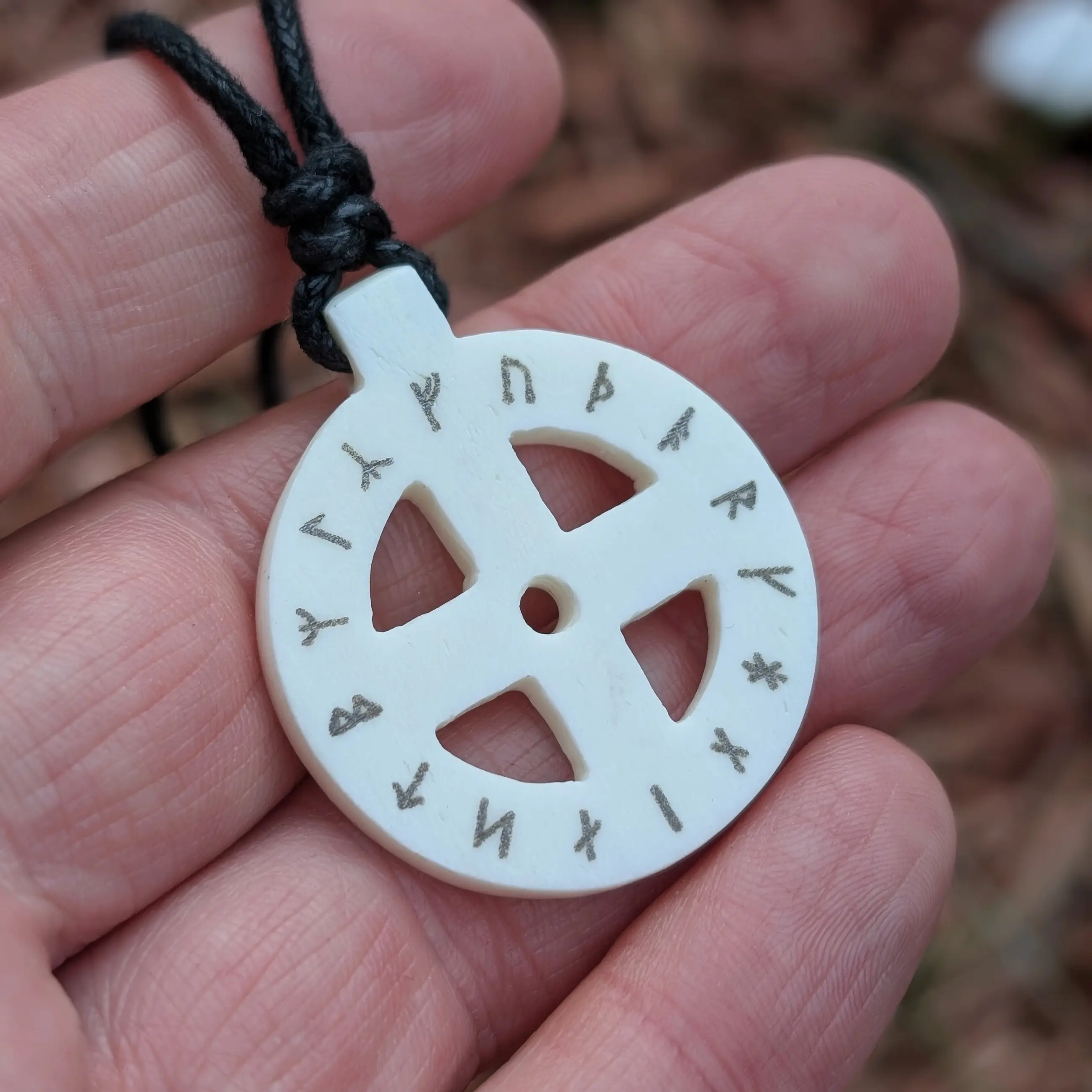 Norse Solar Cross Pendant with Runes in Bone