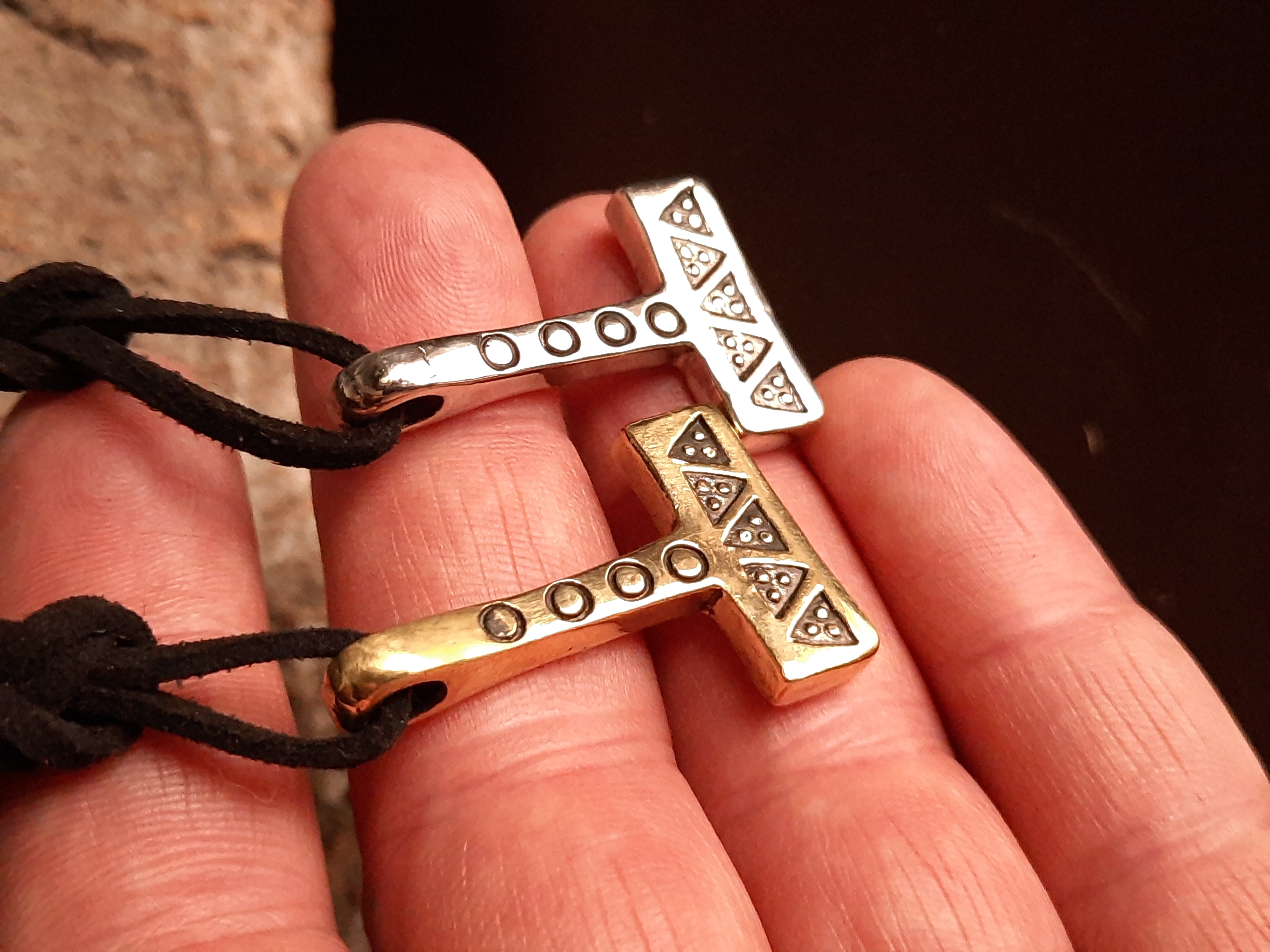 Mjolnir – Thor’s Hammer Pendant with Wolf Tooth & Solar Symbols | Pewter or Brass | Algiz-Rune Art