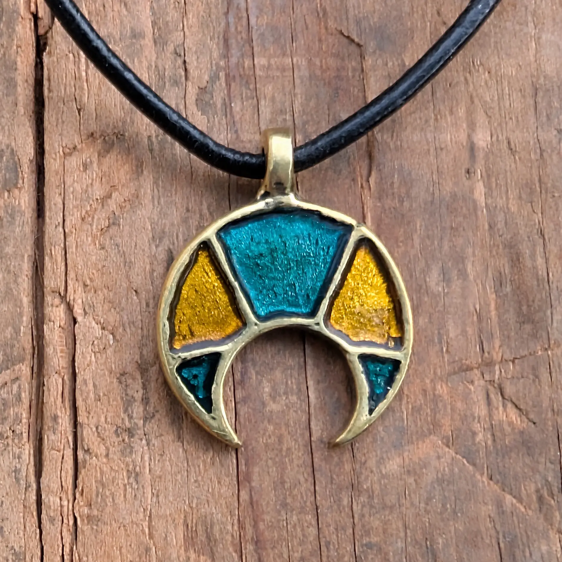 Viking / Slavic Lunula Pendant with Yellow & Green Enamel in Brass