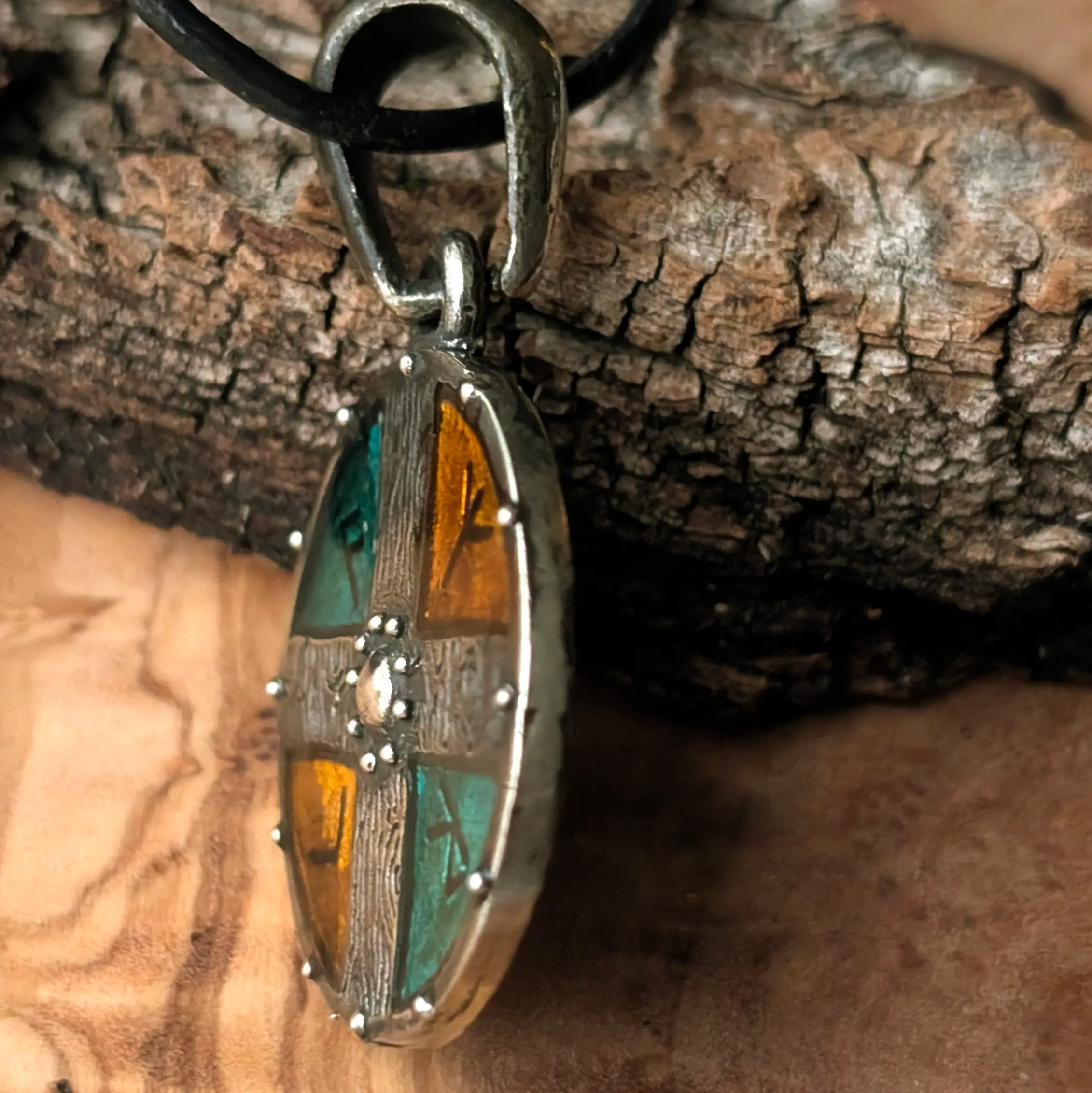 Viking Shield Pendant with Yellow-Green Enamel in Pewter