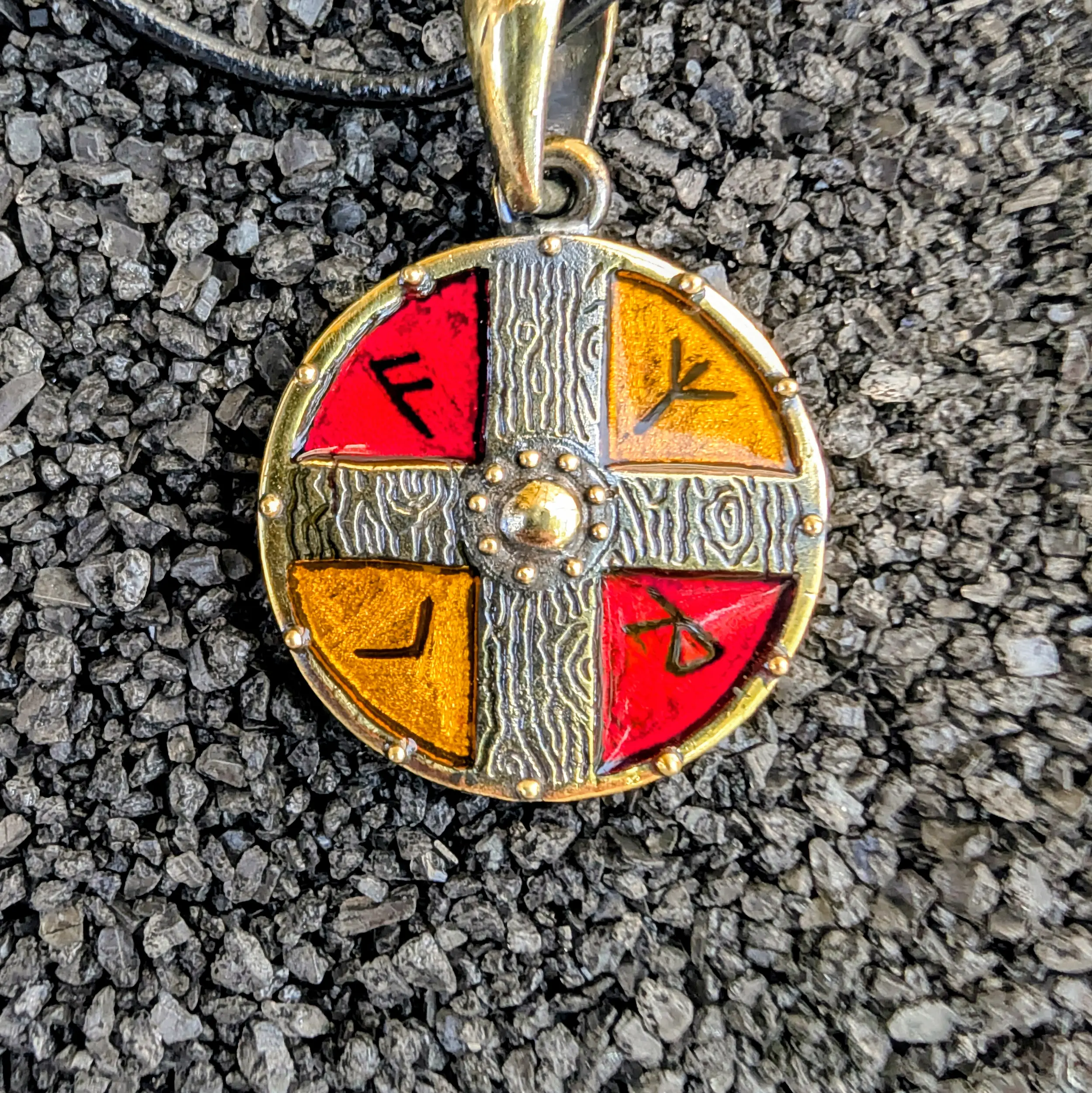 Viking Shield Pendant with Hot Enamel – Hand-Cast Brass Amulet | Algiz-Rune Art