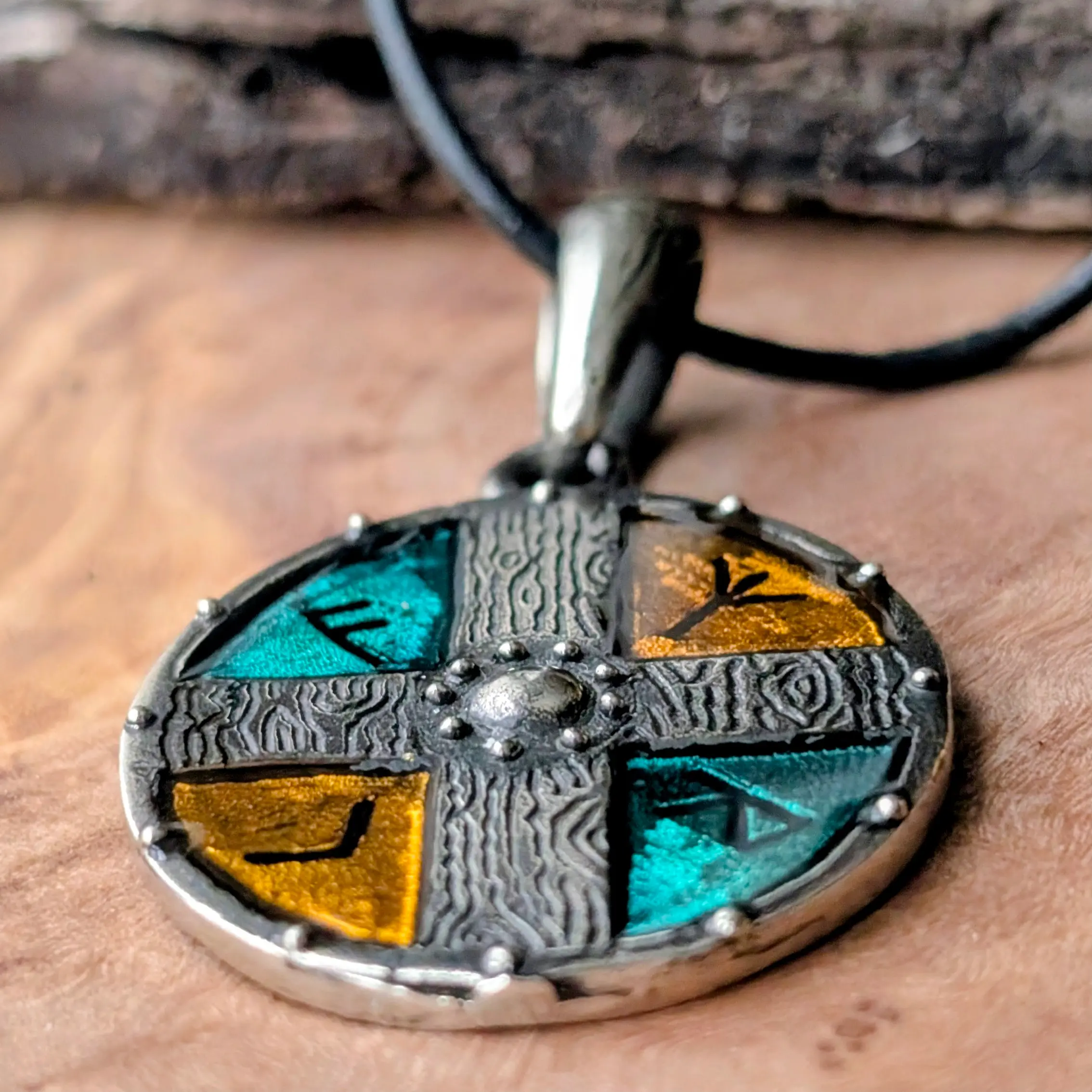 Viking Shield Pendant with Yellow-Green Enamel in Pewter