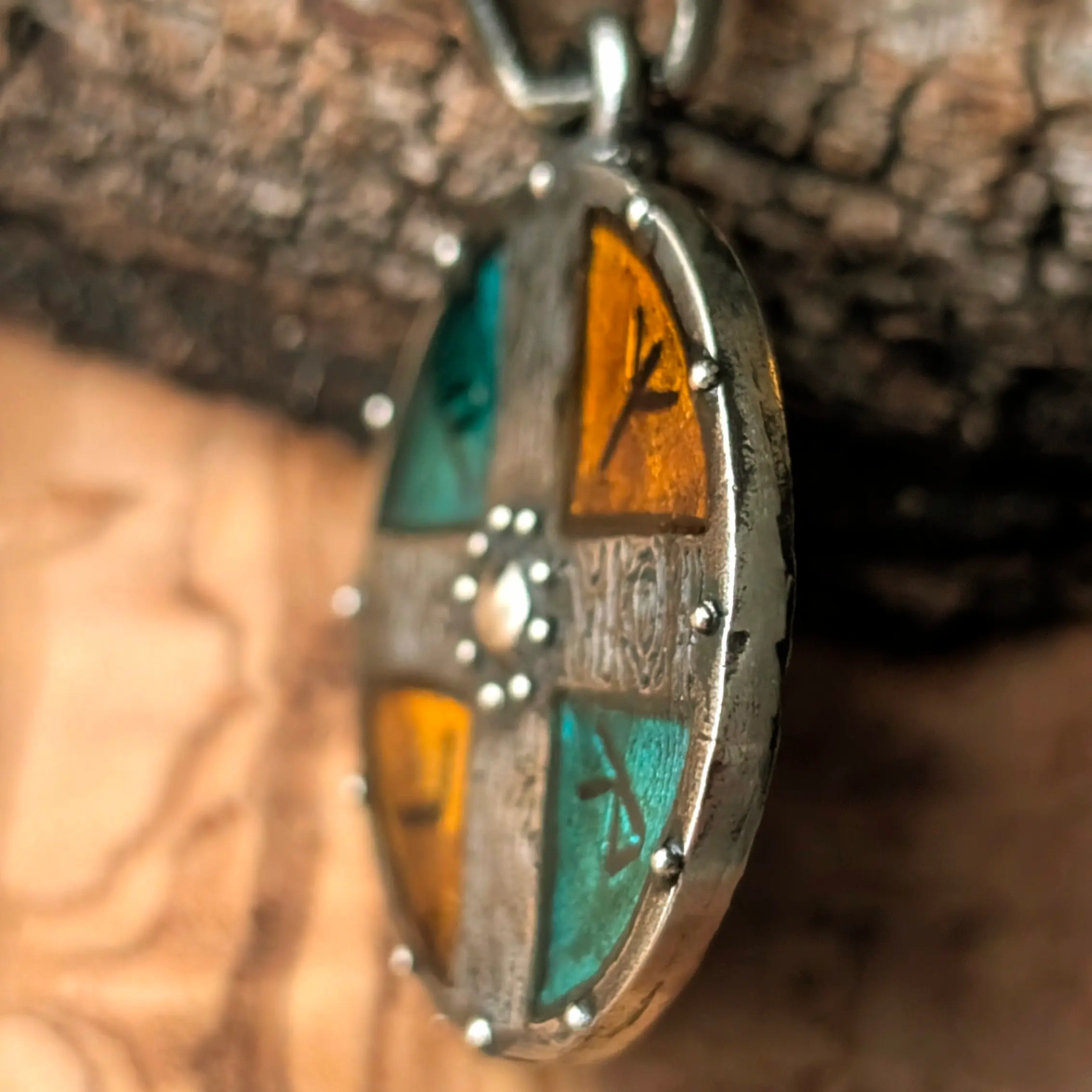 Viking Shield Pendant with Yellow-Green Enamel in Pewter