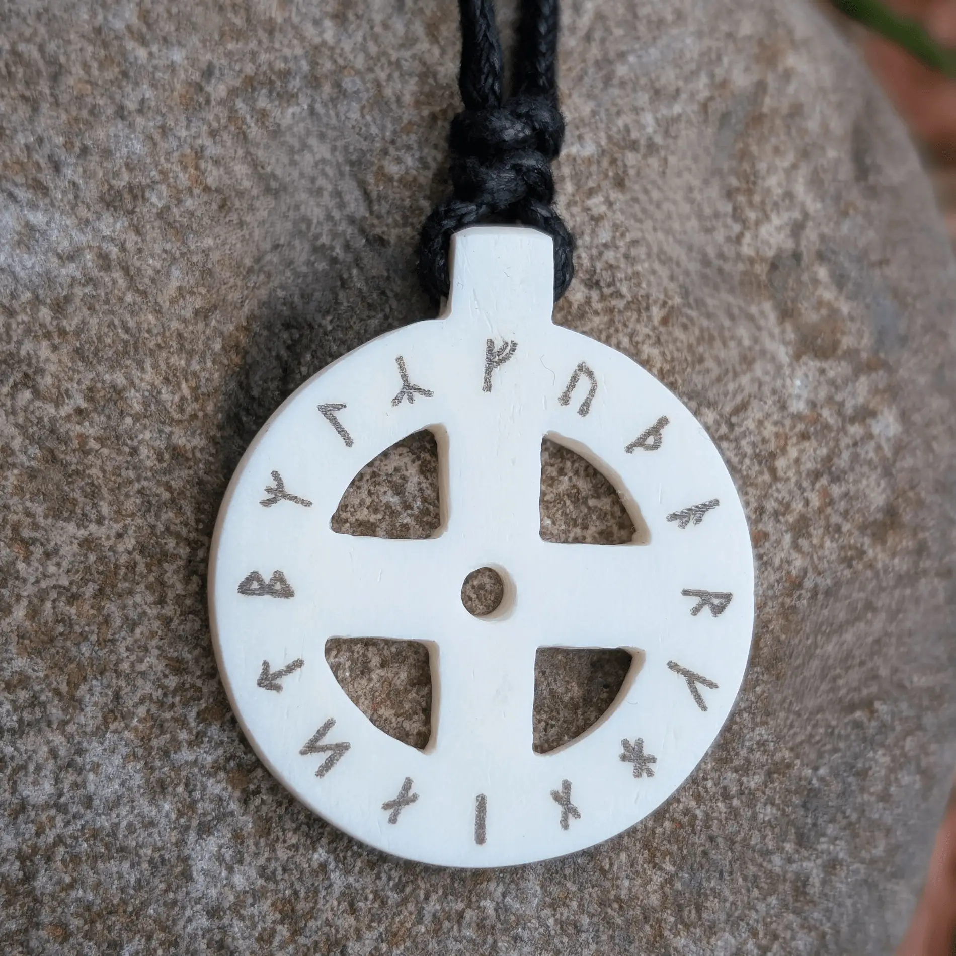 Norse Solar Cross Pendant with Runes in Bone