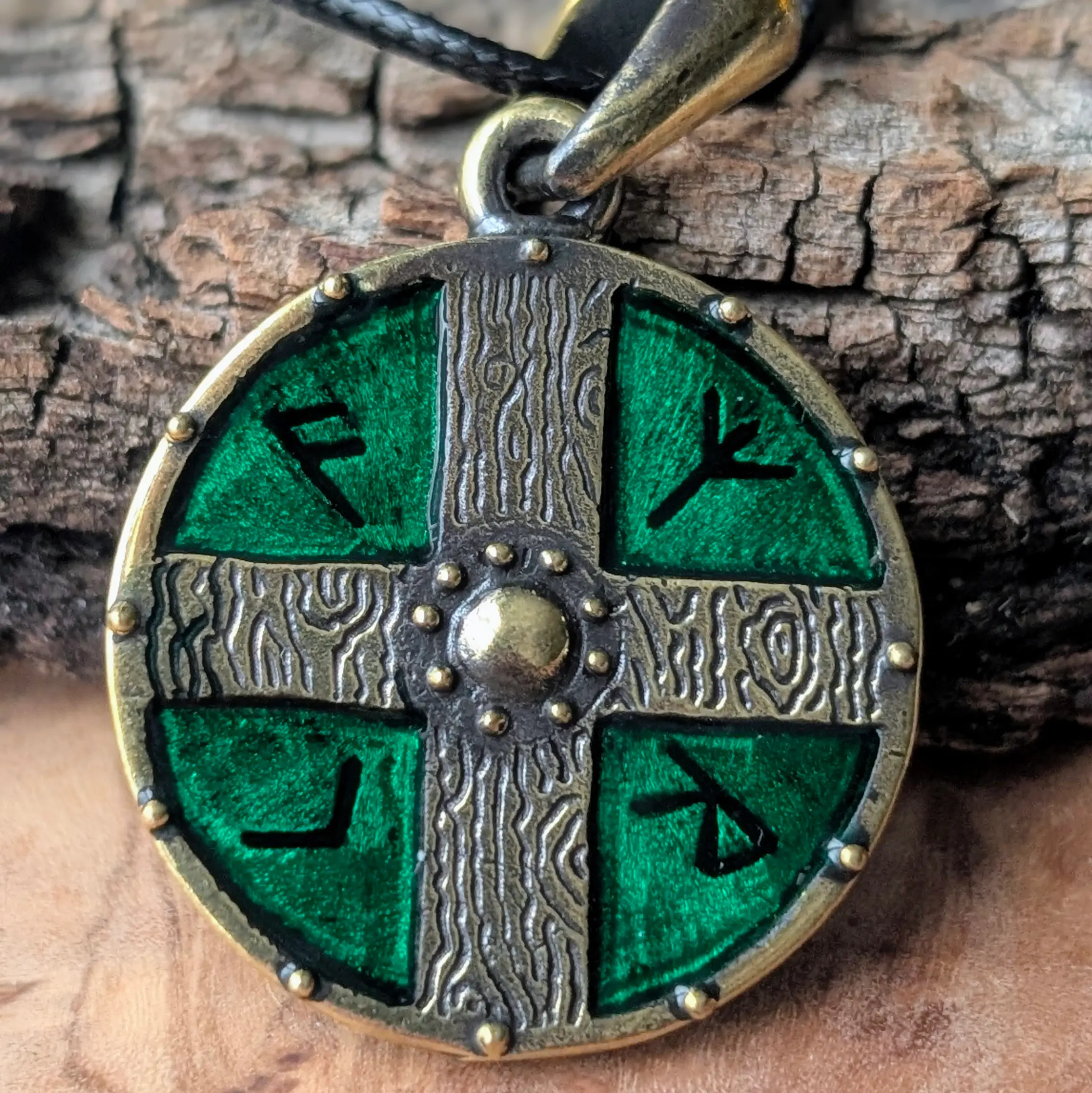 Viking Shield Pendant with Green Enamel in Brass
