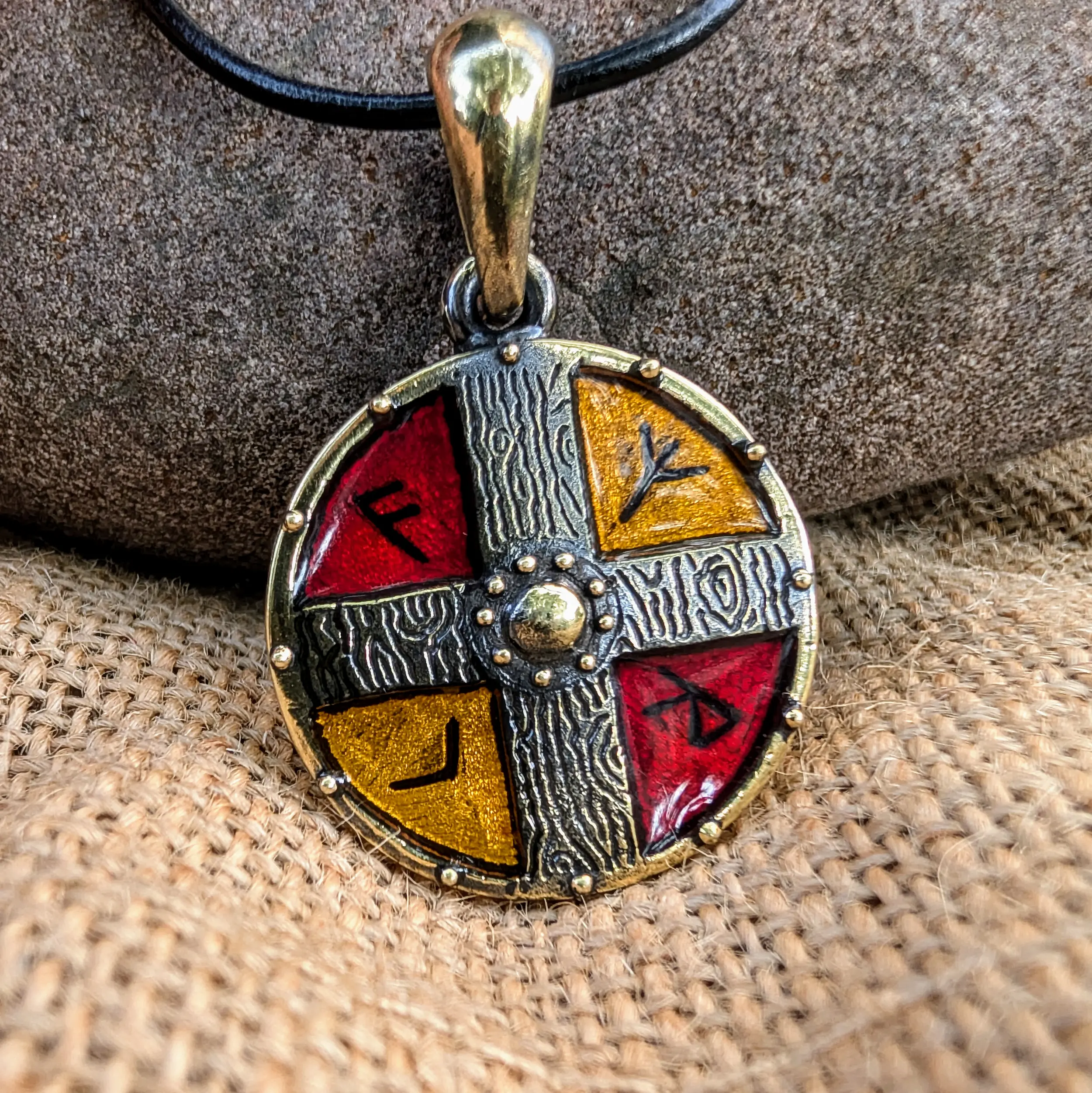 Viking Shield Pendant with Hot Enamel – Hand-Cast Brass Amulet | Algiz-Rune Art