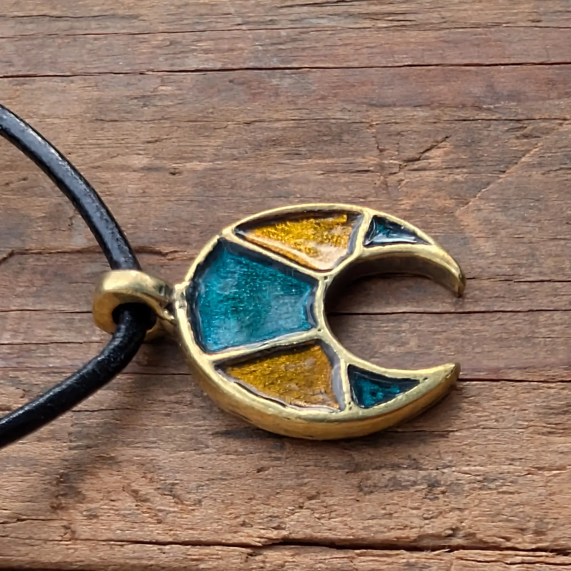 Viking / Slavic Lunula Pendant with Yellow & Green Enamel in Brass