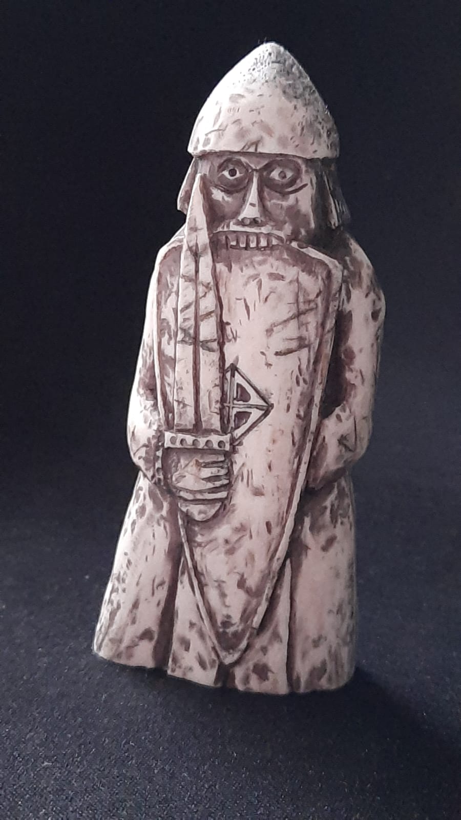 Hand-Carved Lewis Chessmen Rook Replica – Berserker with Sword & Shield