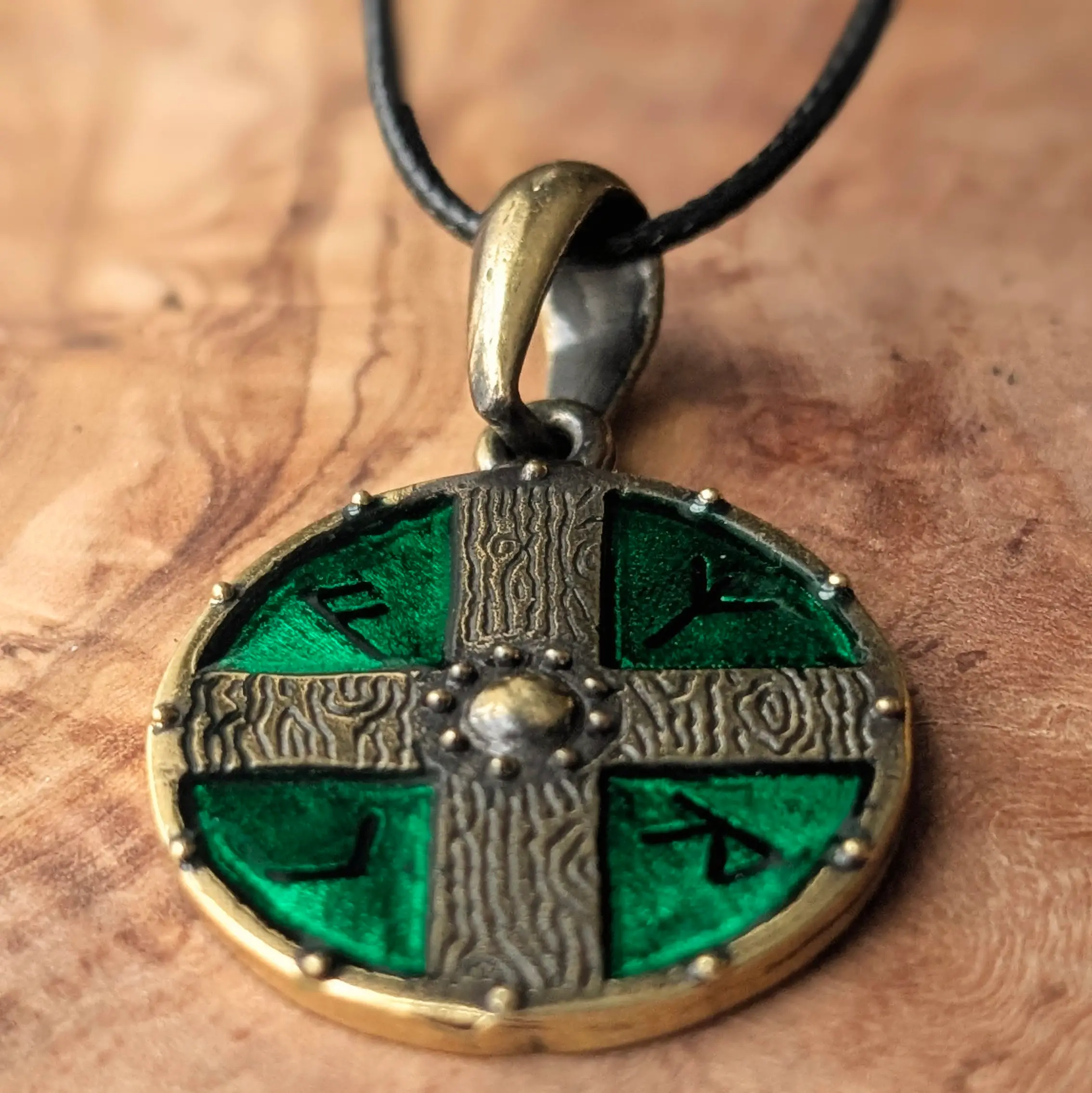 Viking Shield Pendant with Green Enamel in Brass